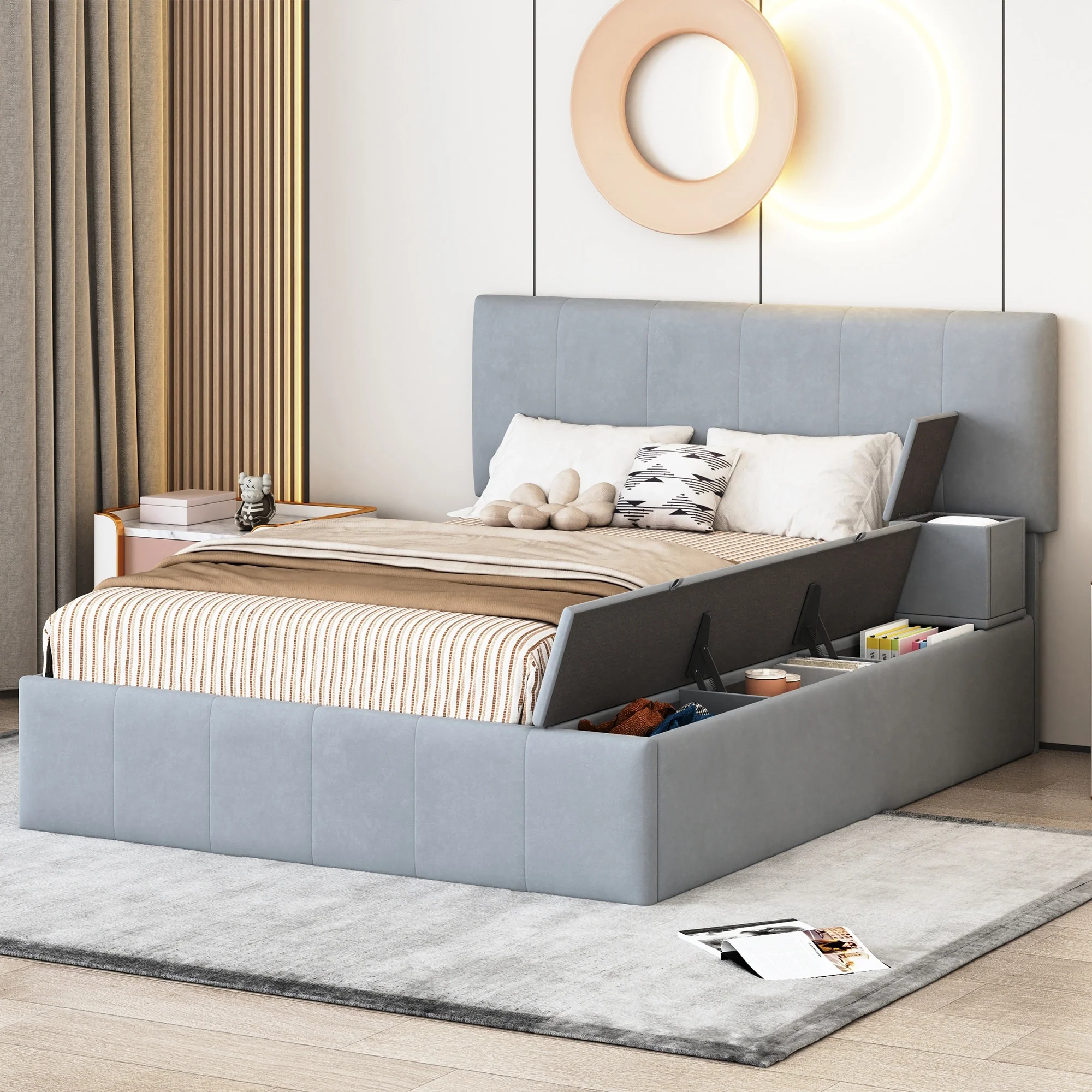 Upholstered Platform Bed with Lateral Storage Compartments and Cushions, Full Size