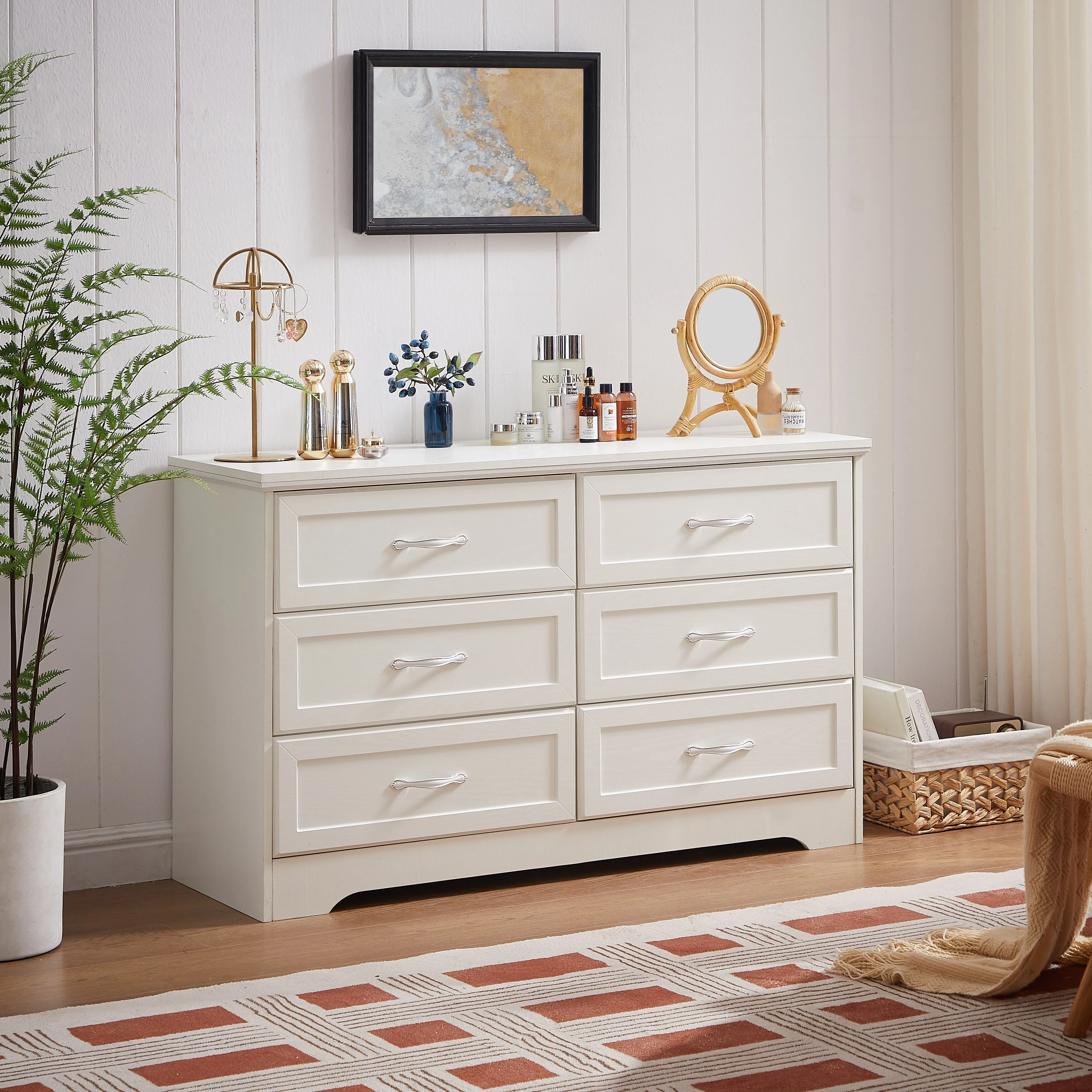 Wooden Double Dresser, Large Capacity Clothing Storage Cabinet, Accent Cabinet with 6 Large Drawer and Aluminum Pulls