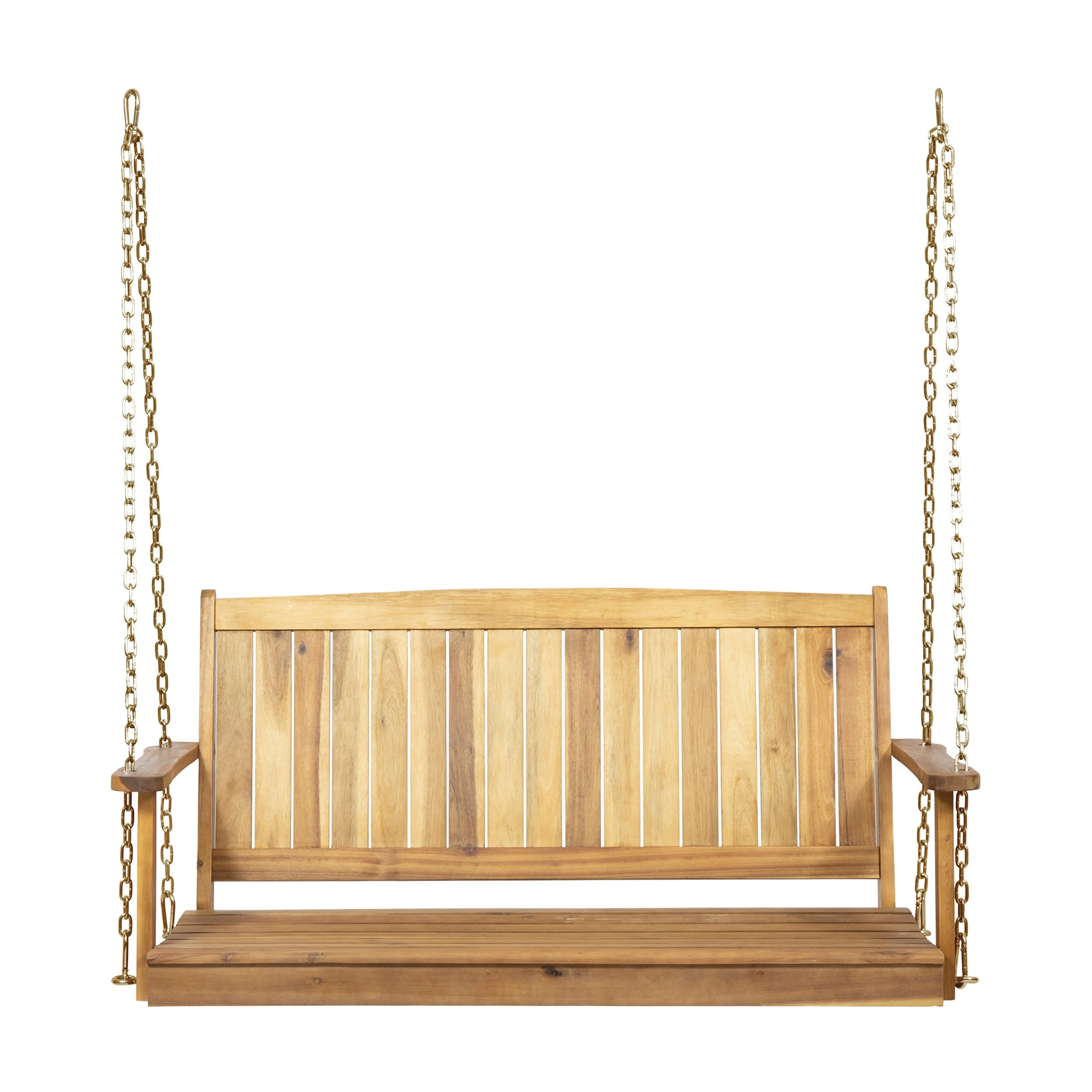 48 Acacia Wood Porch Swing - Teak Finish with Metal Chains, 800lb Capacity, Outdoor Slat Design, Includes 8ft Hanging Chains