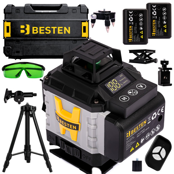 Poziomica laserowa 4D 16L, statyw 118cm, zielony laser, BESTEN