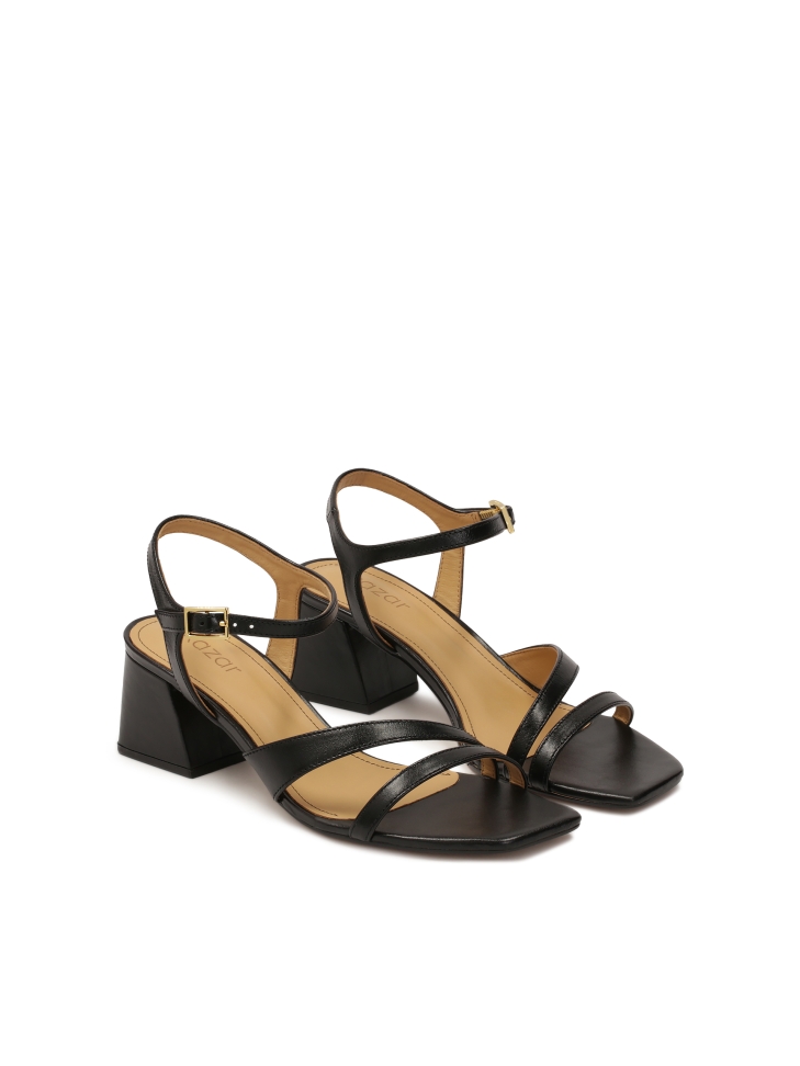 Black leather sandals with a wide heel