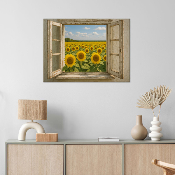 Obraz do salonu jadalni, Widok z okna Pole Słoneczniki Shabby Chic 30x20