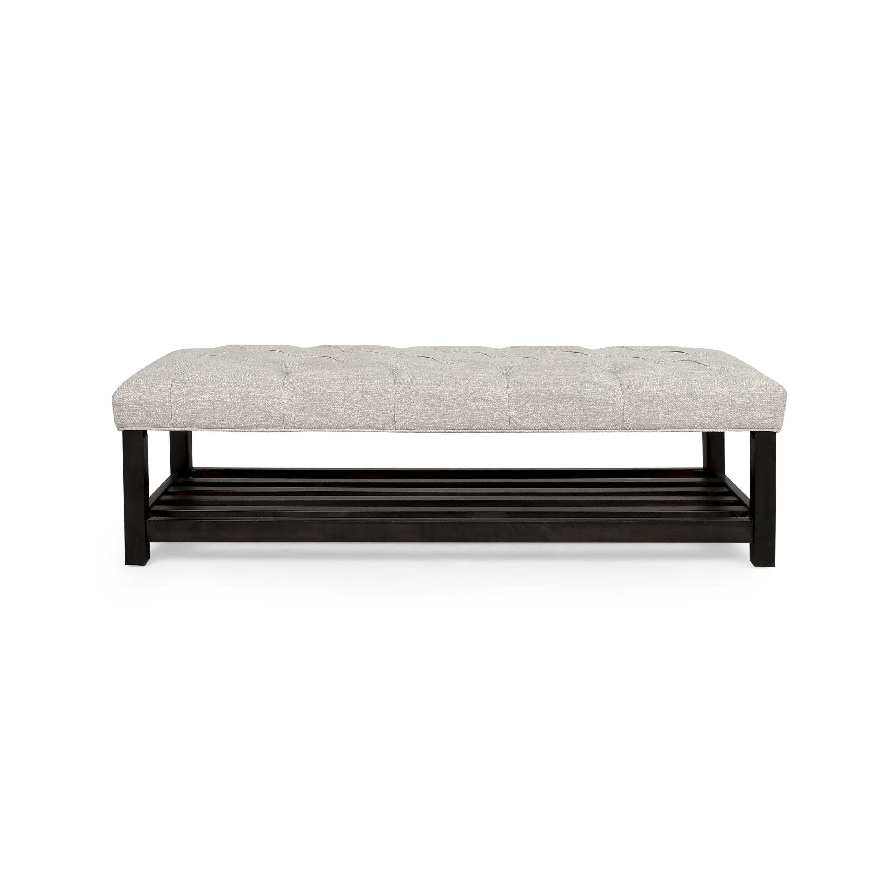 Accent Bench, 60 Inch Rectangular w Shelf, Beige Fabric, Brown Wood