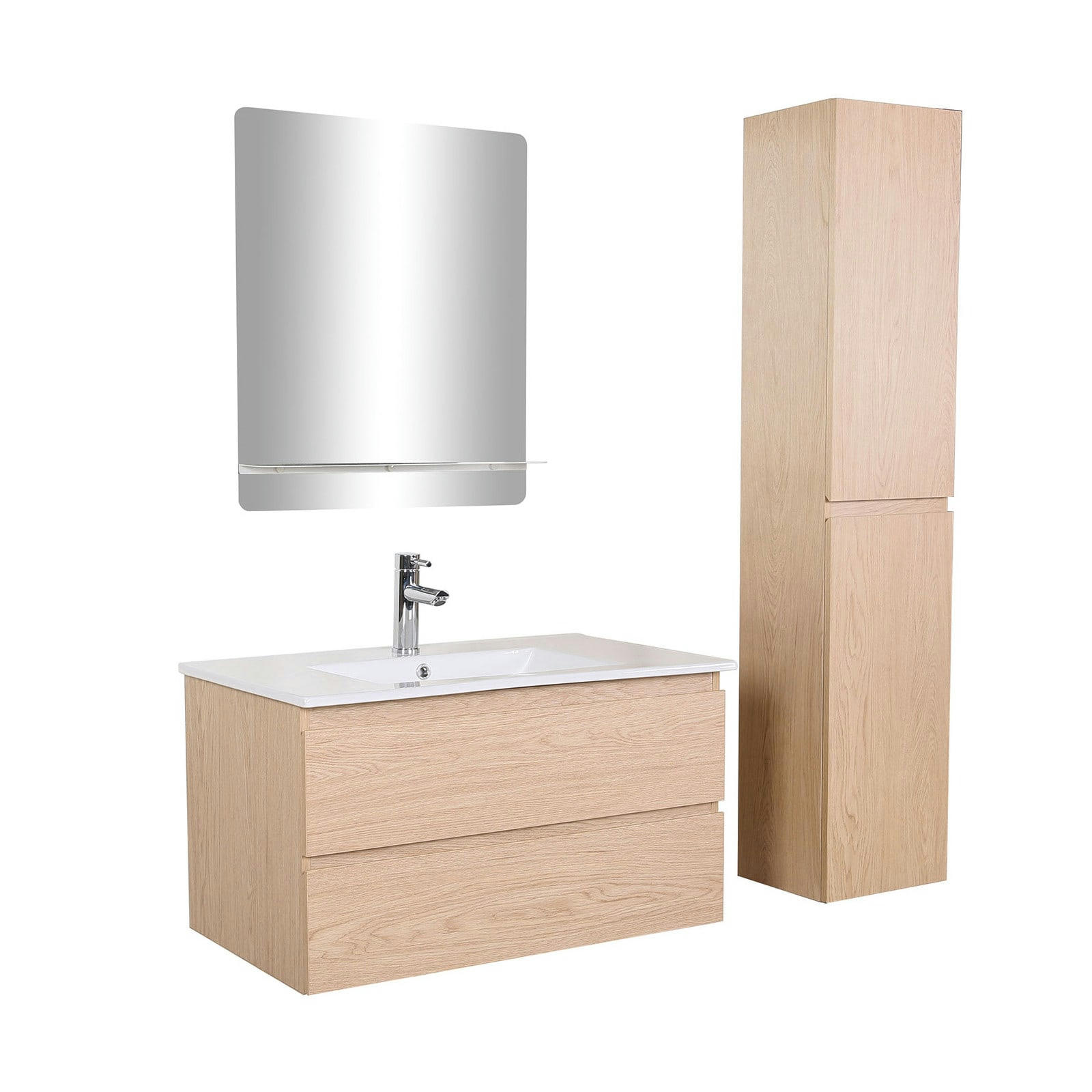 SORRENTO - Meuble simple vasque 80cm décor chêne +robinet chromé+miroir+colonne