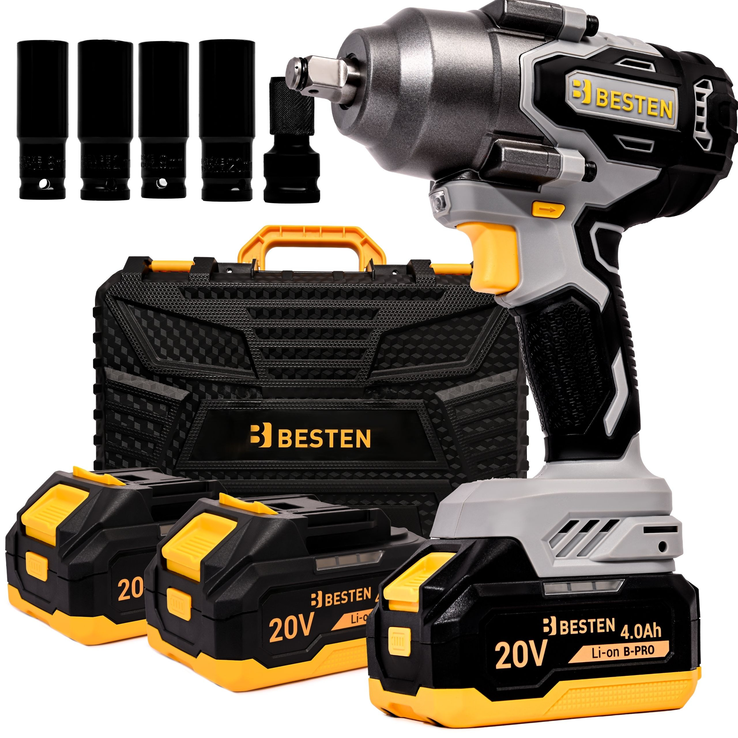 Klucz udarowy 20V 800Nm, 3 biegi, 2x4.0Ah, LED, walizka, BESTEN