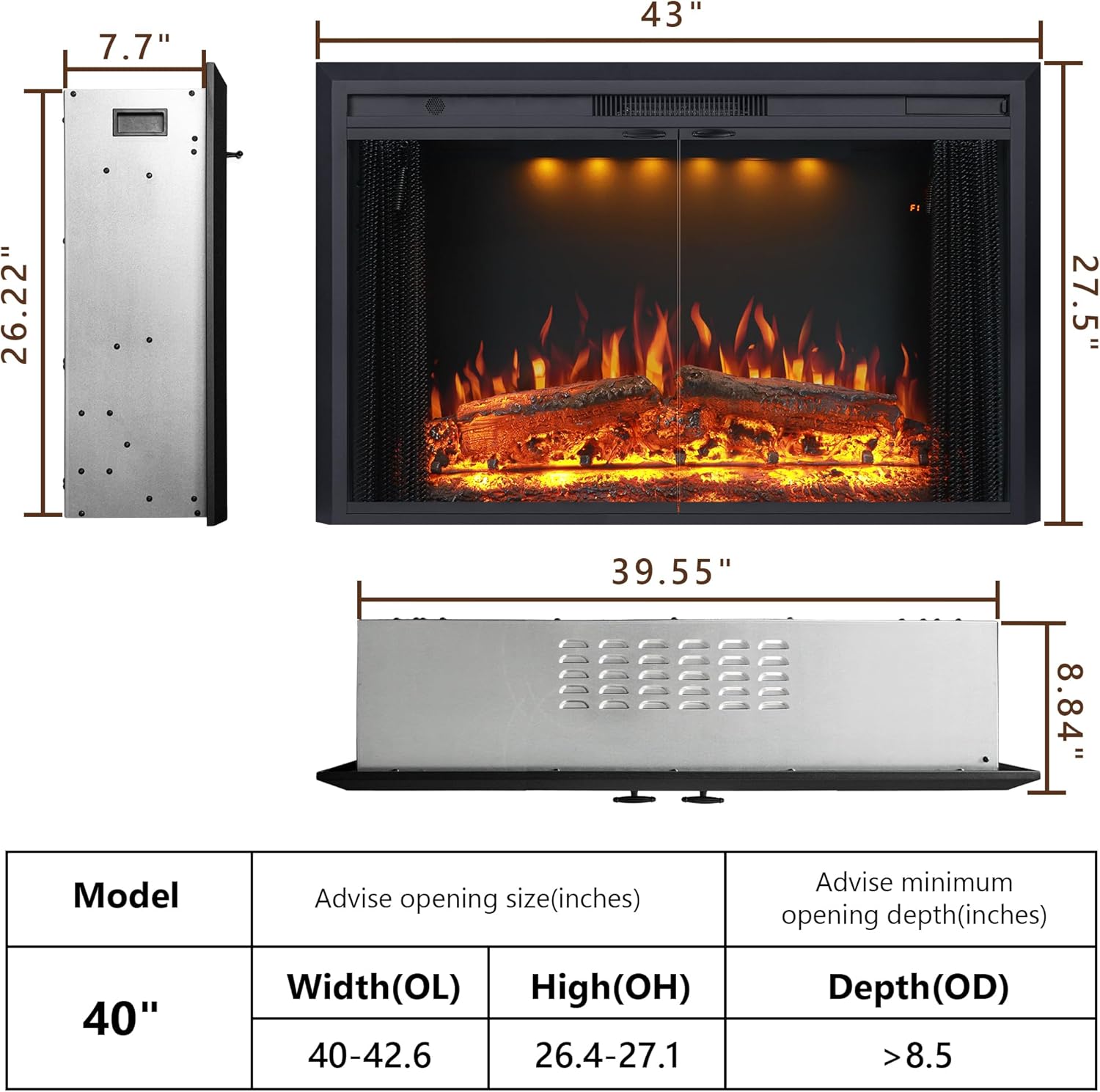 Valuxhome 43” W Electric Fireplace Heater with Crackling Sound, 1-9H Timer, Remote Control, Glass Door and Movable Mesh Screen, 3 Color Settings
