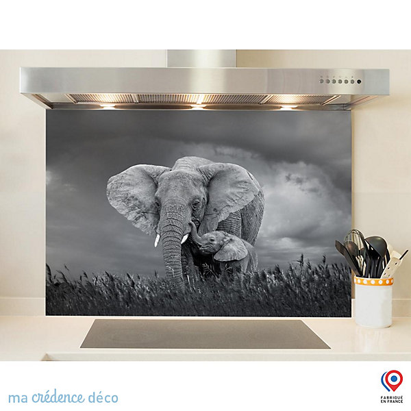 Crédence cuisine fond de hotte Eléphanteau avec sa maman - Verre trempé - L 90 cm x H 50 cm - MaCrédenceDéco