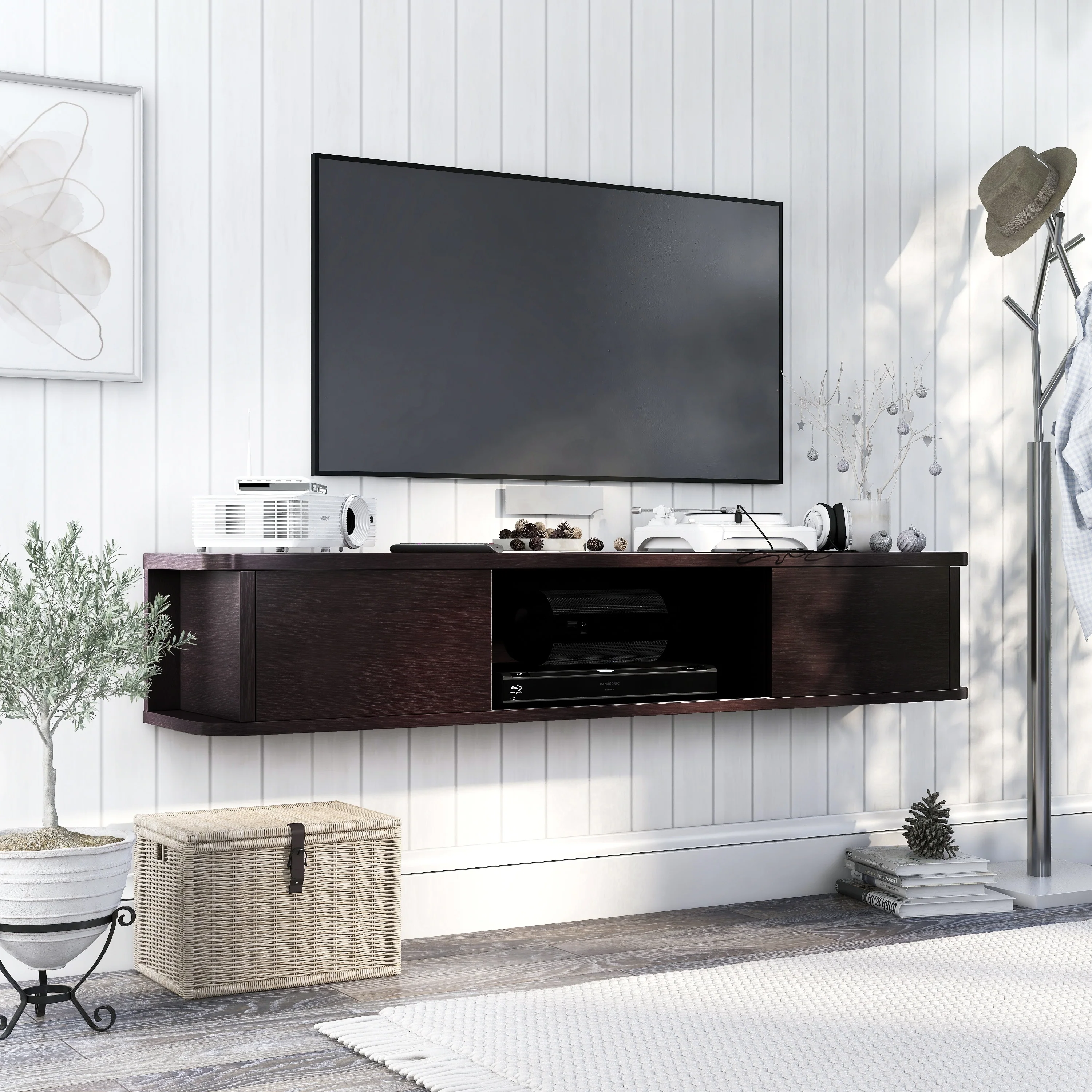 Tetritsqaro Transitional 60-inch Wood 3-Center Shelf Wall-mounted TV Console by Copper Grove