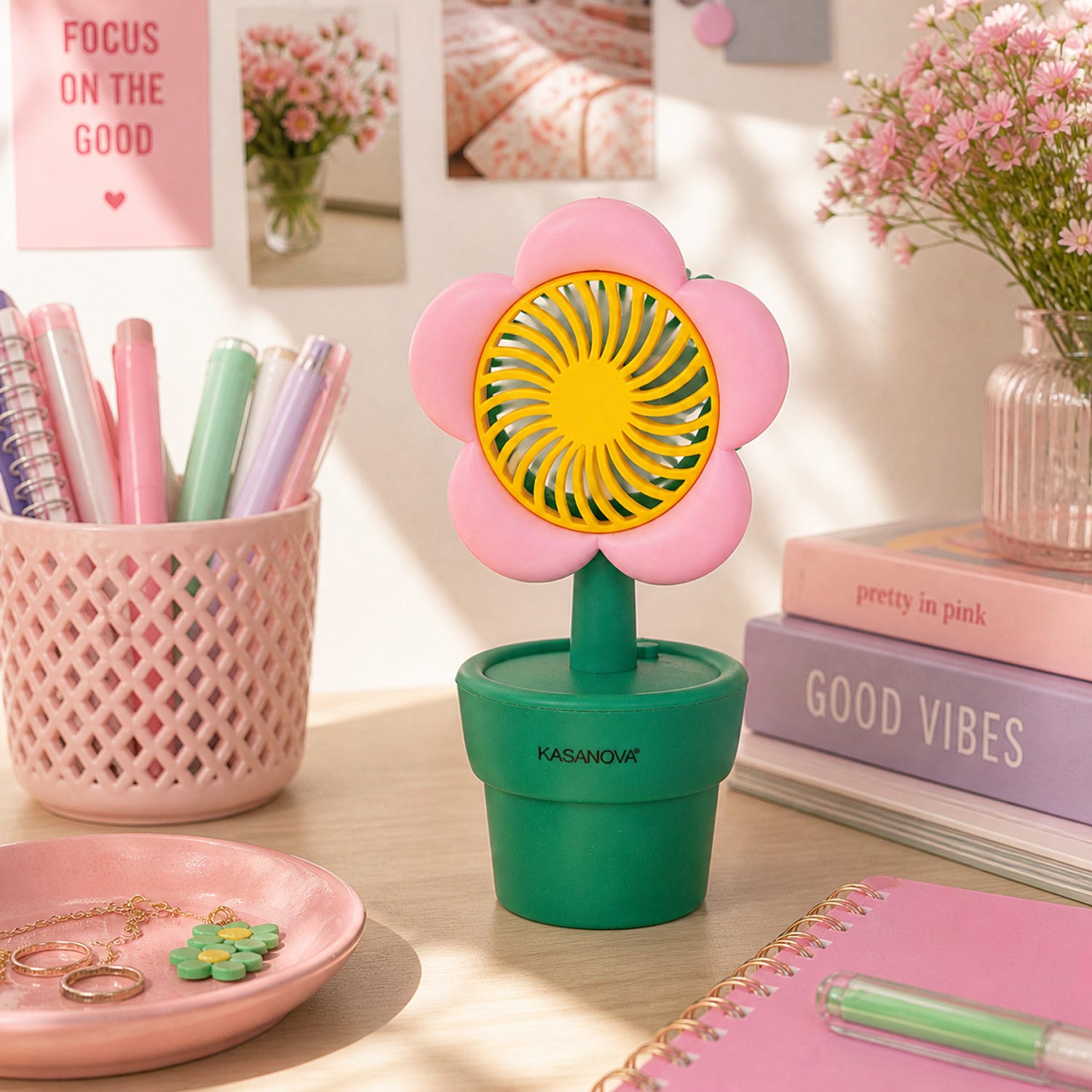 Mini ventilatore senza fili fiore rosa
