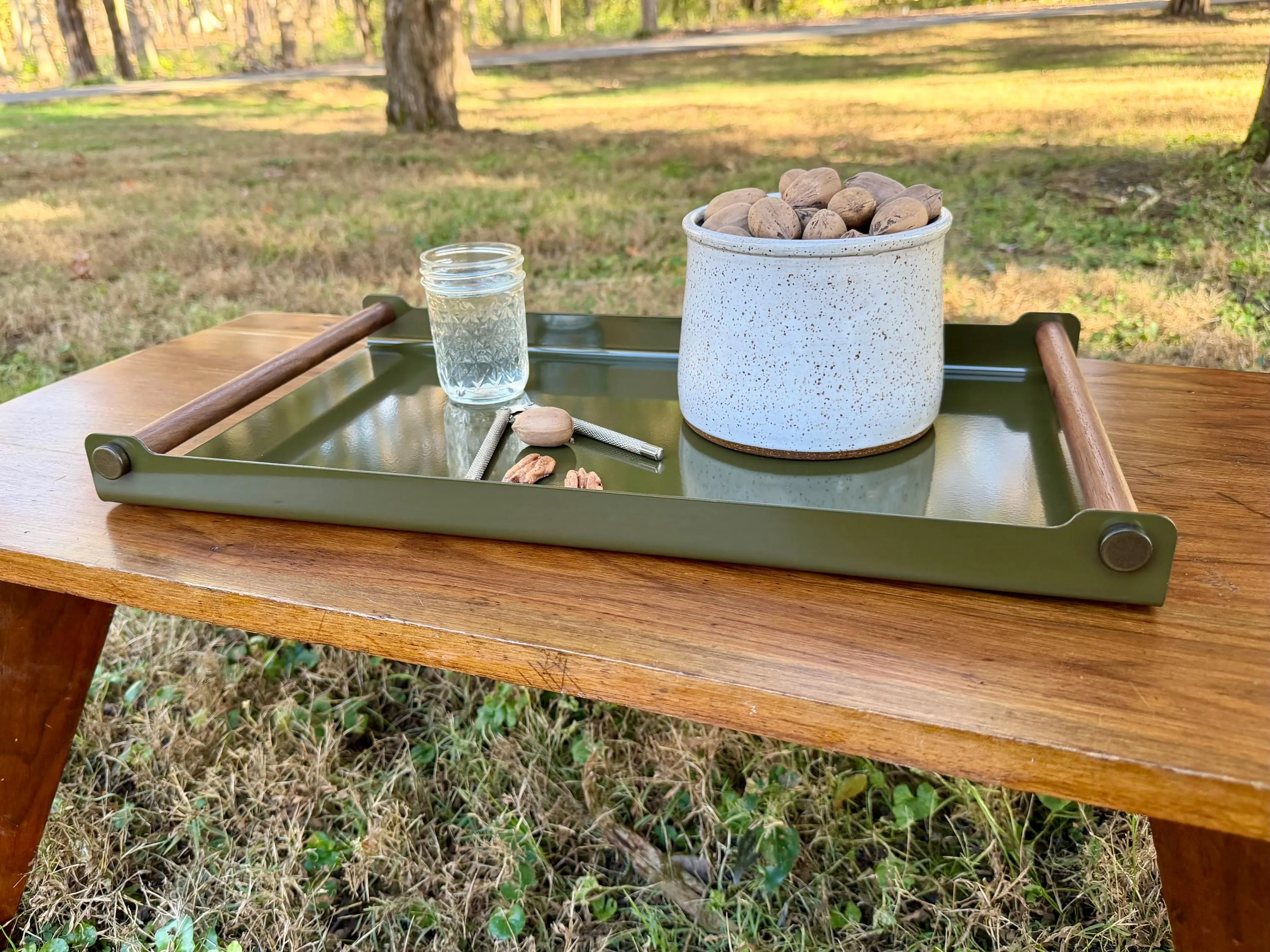Modern Serving Tray | Steel Serving Platter w/ Solid Walnut Handles for Holidays & Christmas (Dark Olive)