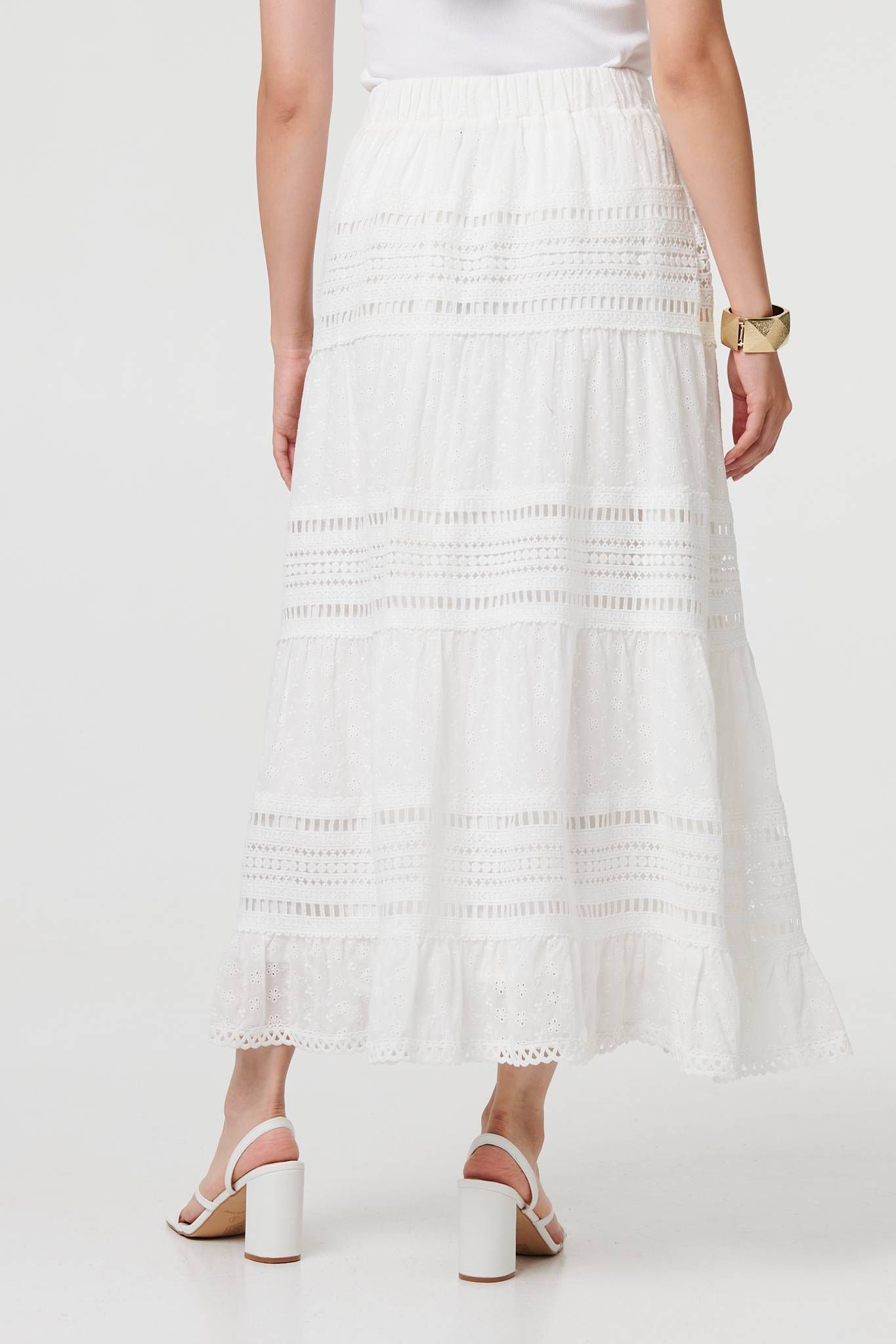 Izabel London High Waist Lace Trim Tiered Maxi Skirt