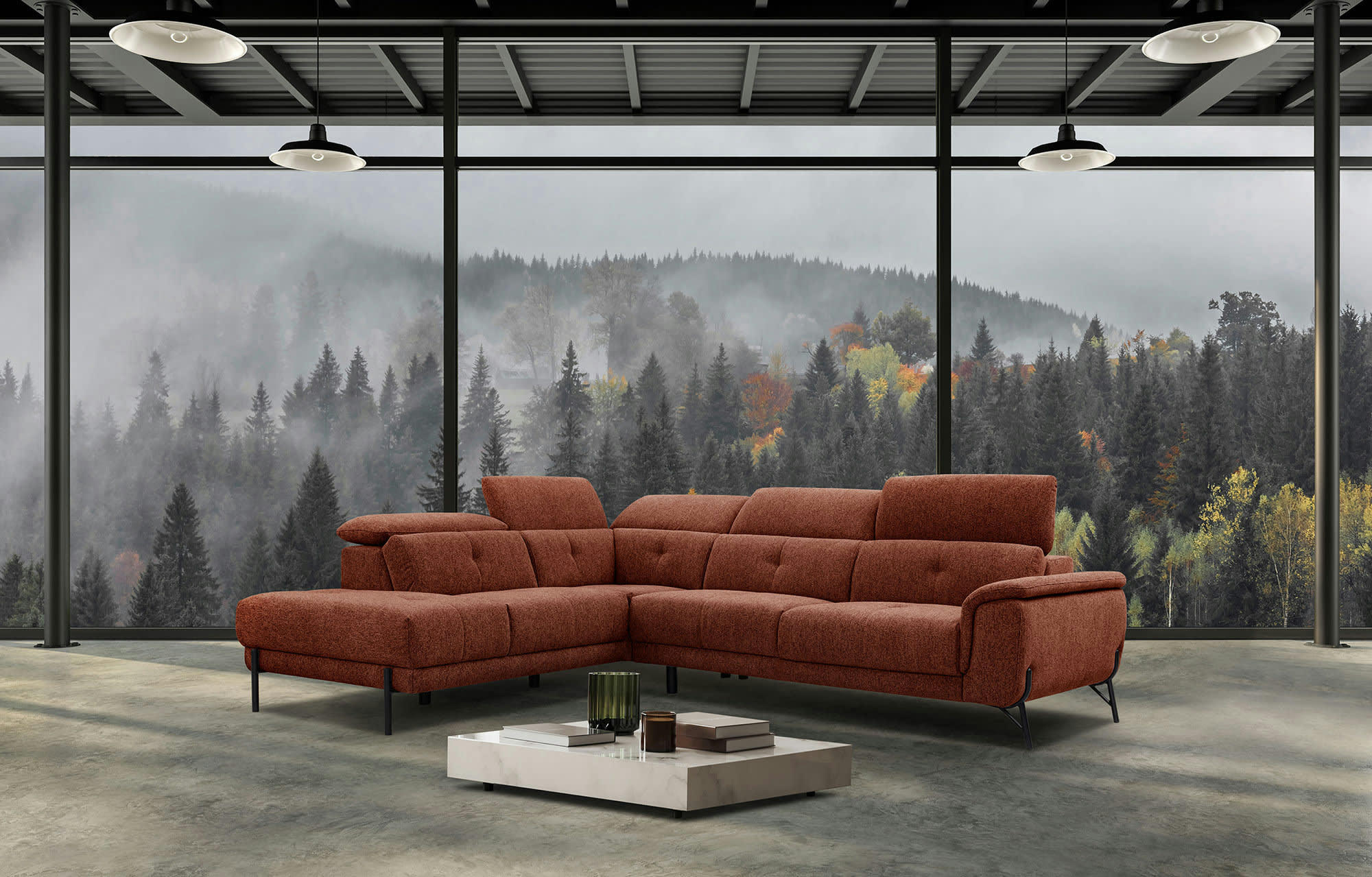 AVENA - Canapé d'angle gauche  5 places en tissu brique