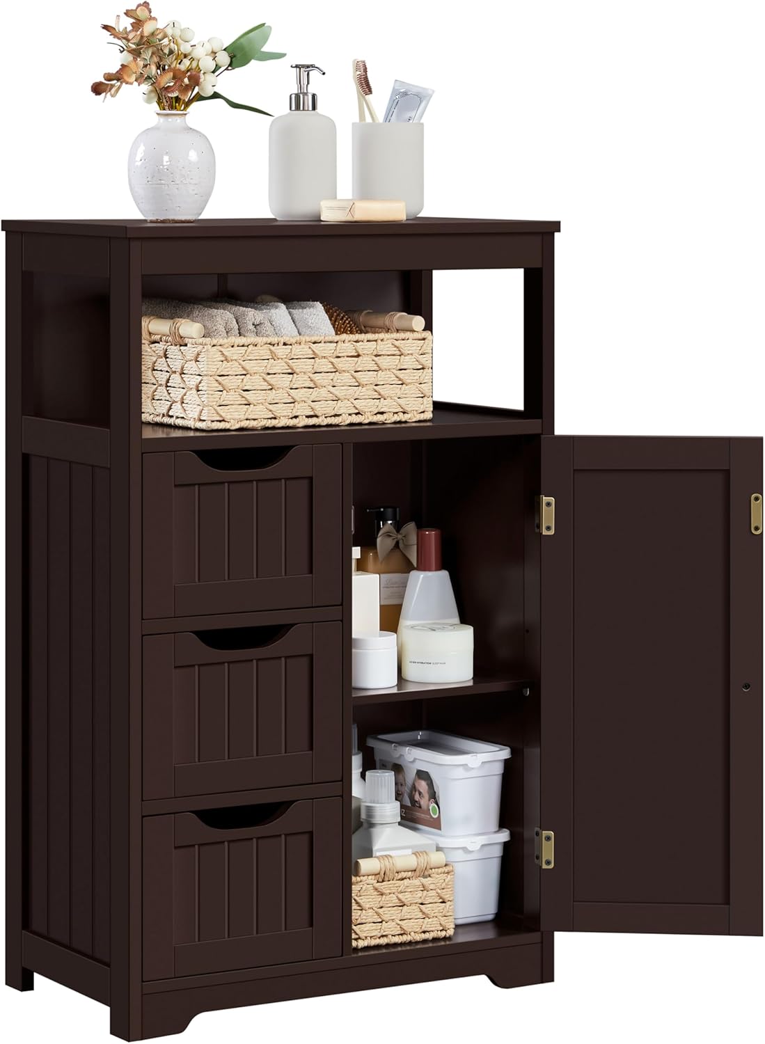 Yaheetech Wood Bathroom Floor Cabinet with 3 Drawers &1 Cupboard, Free Standing Storage Organizer Hallway Entryway Cabinet for Living Room Kitchen, Espresso