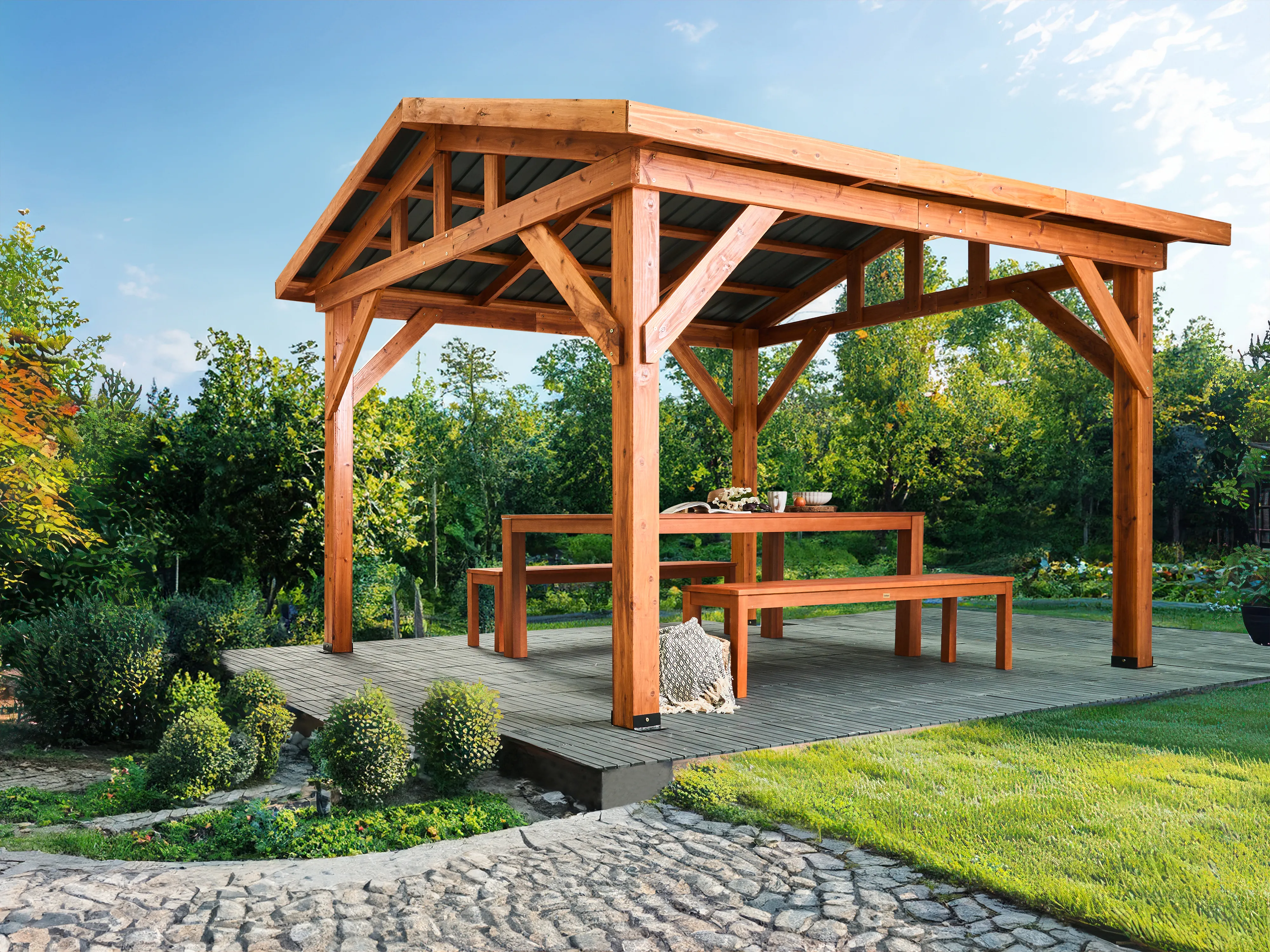 Gazebo SECCHIA Fir Wood 296 cm 350 cm Brown/ Grey