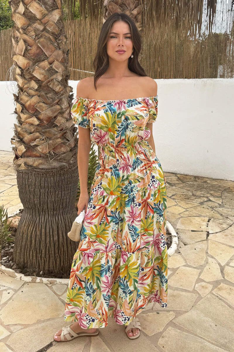 AX Paris Multi Tropical Garden Print Shirred Waist Smock Midi Dress