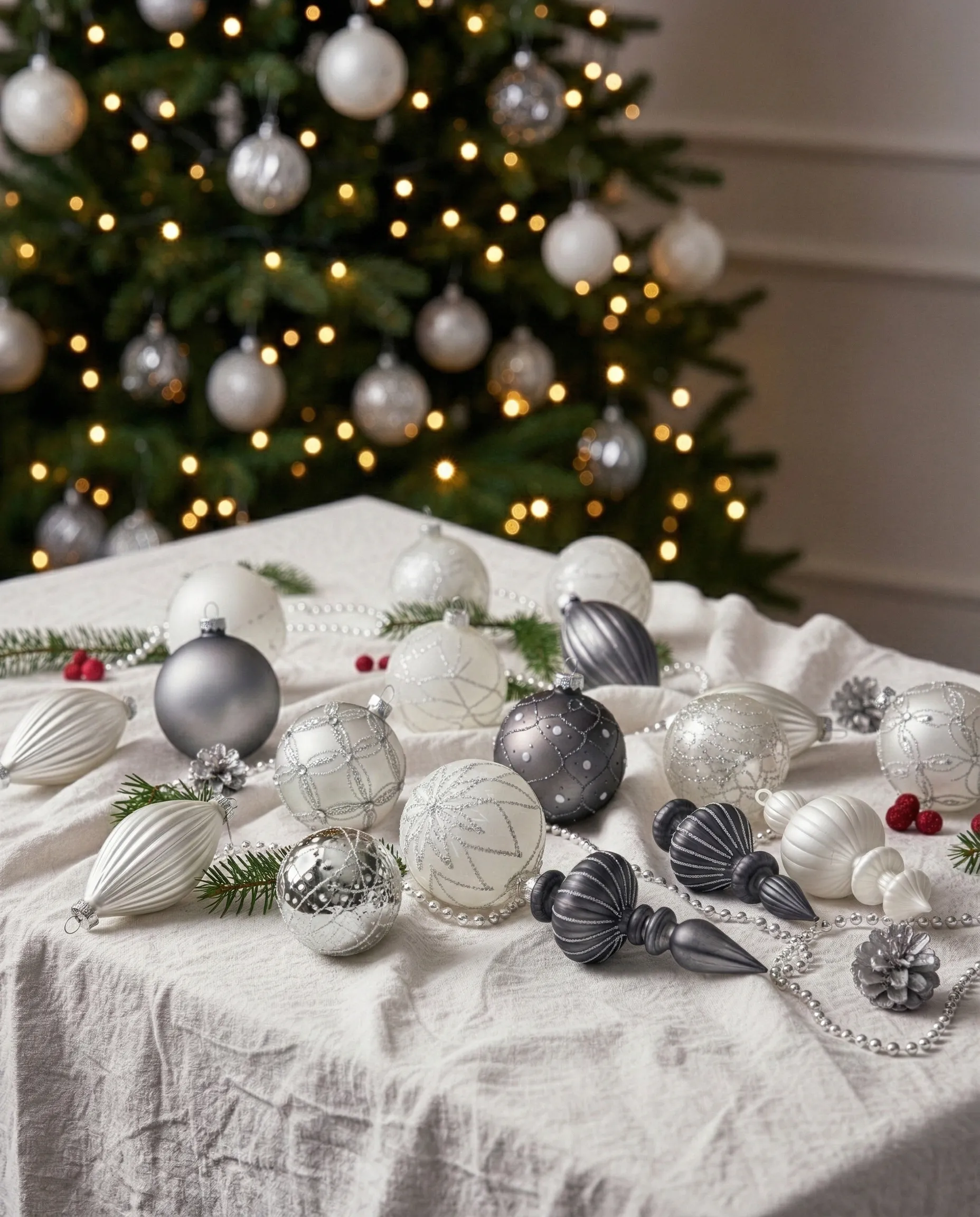 Set of 35 Baubles FROSTFALL Glass Grey