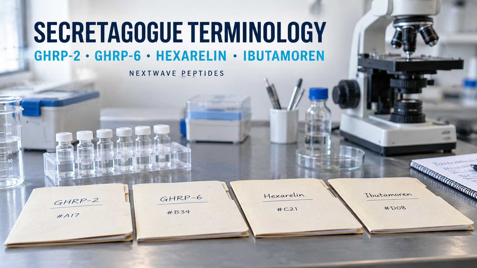 NextWave Peptides laboratory editorial cover for GHRP-2, GHRP-6, Hexarelin, and Ibutamoren: Secretagogue Terminology.