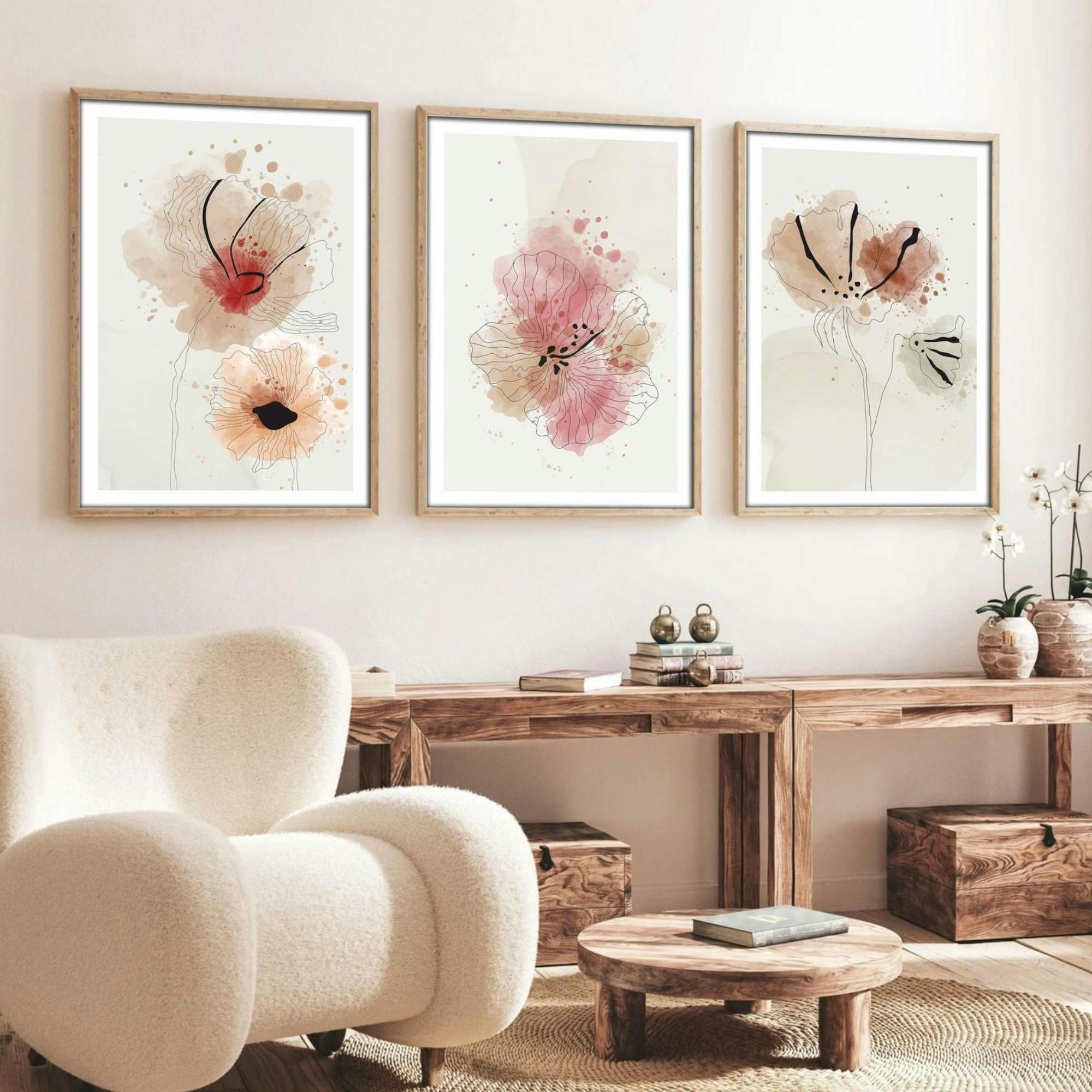 Tableau floral aquarelle rose et beige – lot de 3