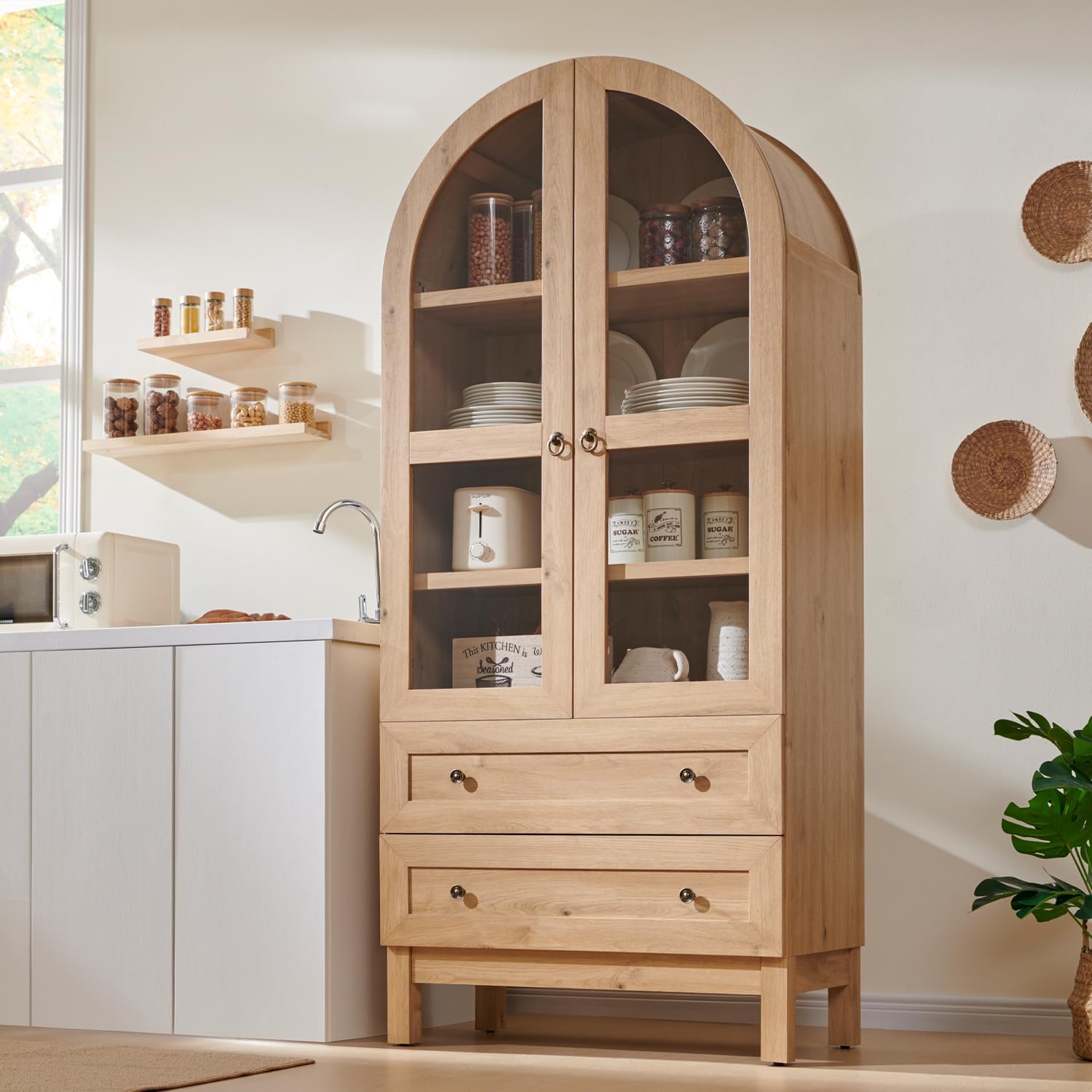 71 Tall Arched Kitchen Pantry, Modern Farmhouse Wood Kitchens Storage Cabinets with 2 Large Drawers and Adjustable Shelves, Versatile Cupboard for Kitchen, Dining Room, Bathroom, Natrual