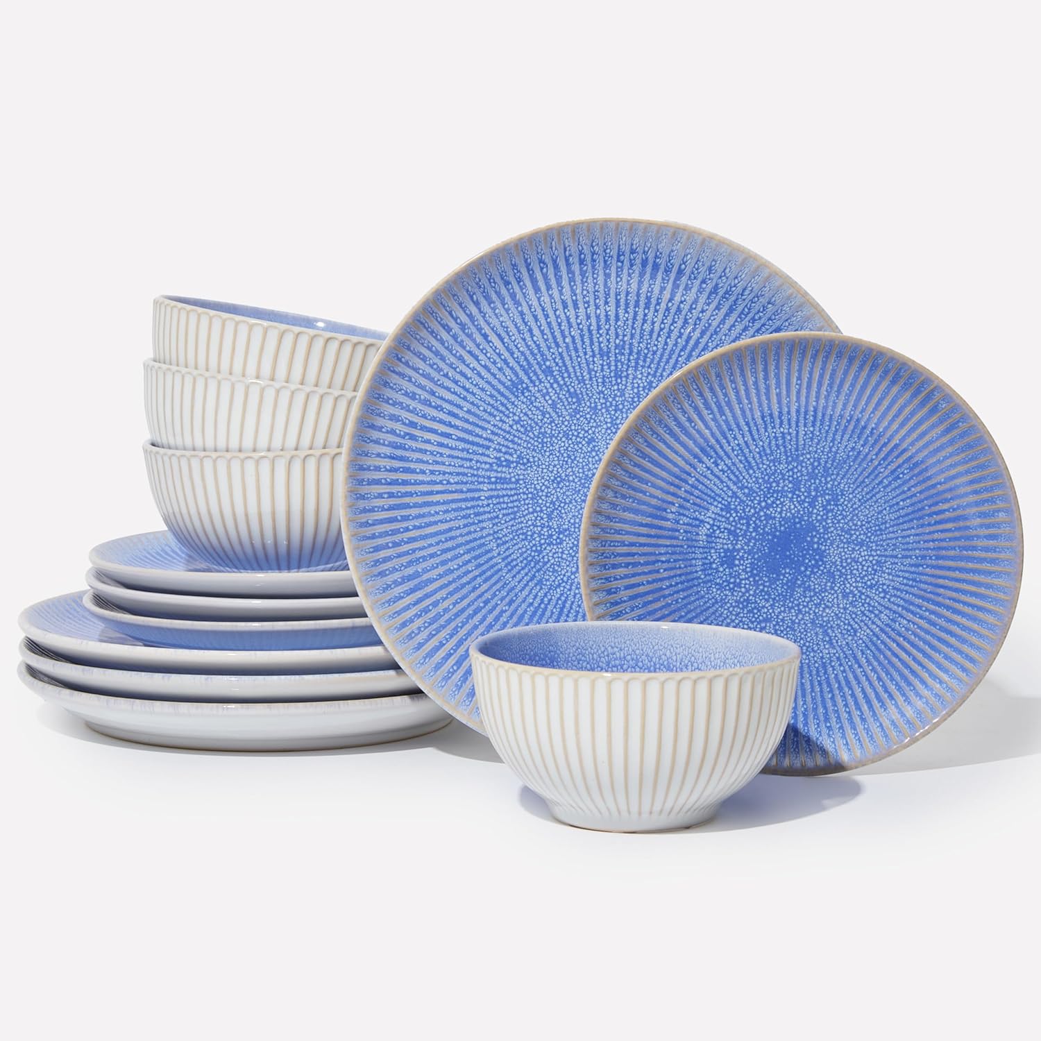 Pokini Ceramic Dinnerware Sets, Handmade Reactive Glaze Plates and Bowls Sets, Highly Chip and Crack Resistant Dish Set, Distinctive Granulated Surface Dishwasher & Microwave Safe Service for 4