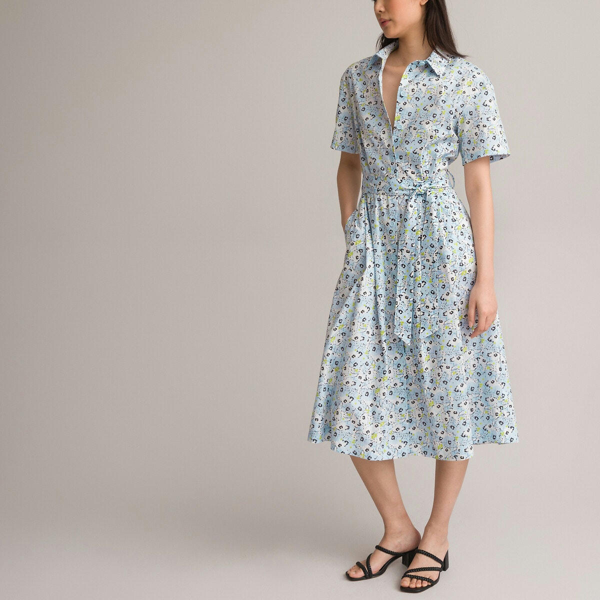 Robe chemise évasée longue, imprimé fleurs