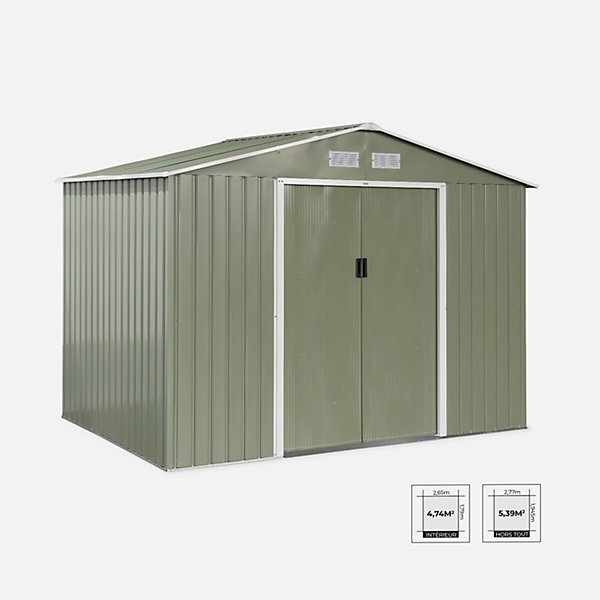 Abri de jardin en métal - FERRAIN 5.29m² vert et blanc - Cabane à outils avec deux grandes portes coulissantes. kit de fixation