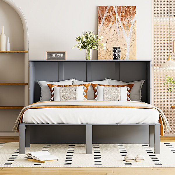 Lit Escamotable 140x200 cm Vertical, Lit Pliable avec Sommier À Lattes, Pratique pour Chambre d'Adolescent, Bois et Métal, Gris
