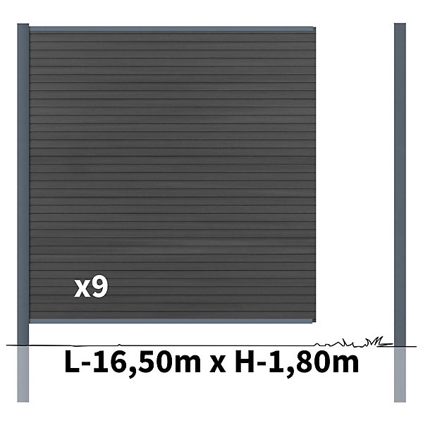Kit Clôture Bois Composite Ardoise 16,5x1,8m SANTOS - Poteaux en Aluminium Gris - Brise Vue - Palissade