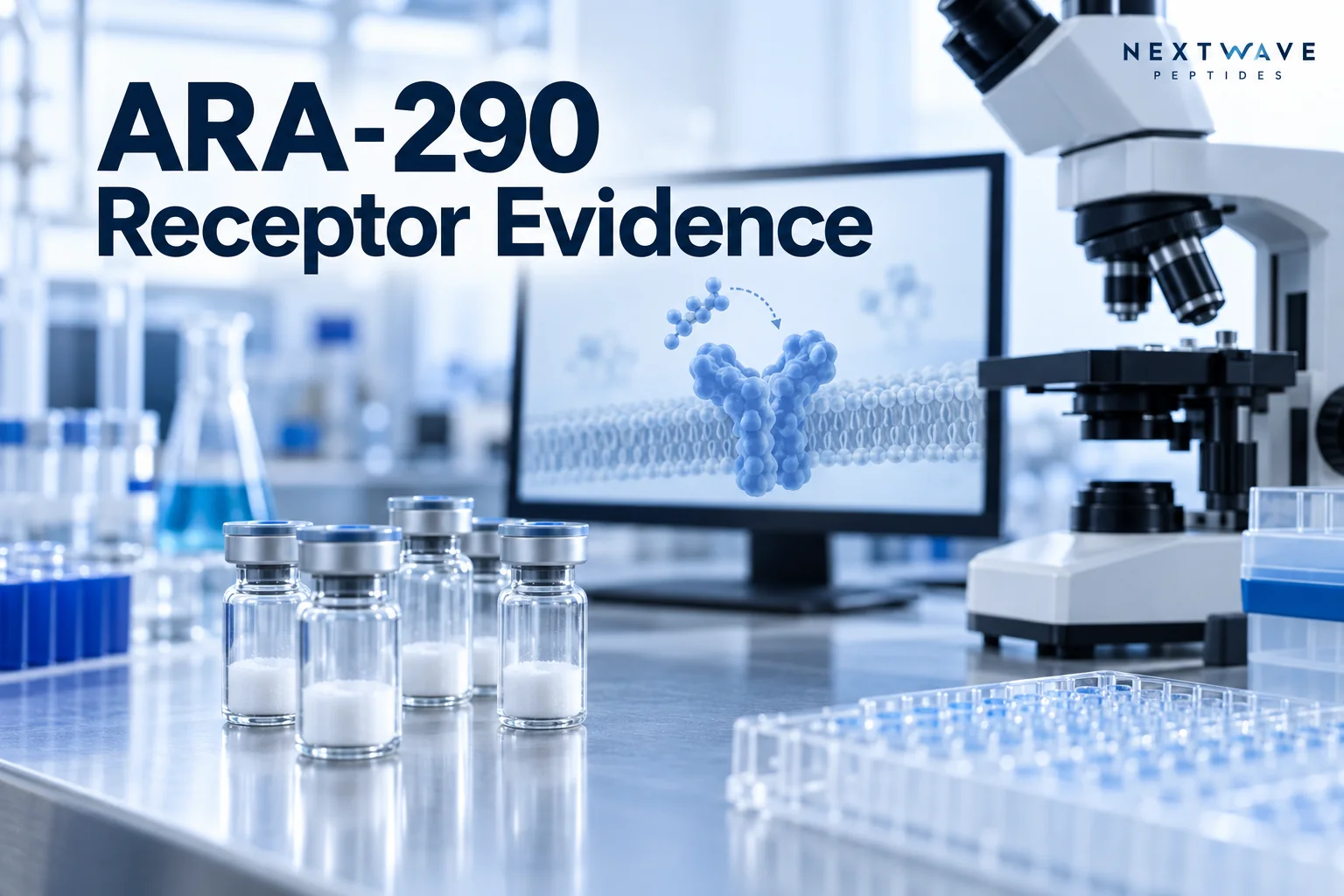 Laboratory vials beside an ARA-290 receptor evidence diagram distinguishing functional, binding, and structural claims.