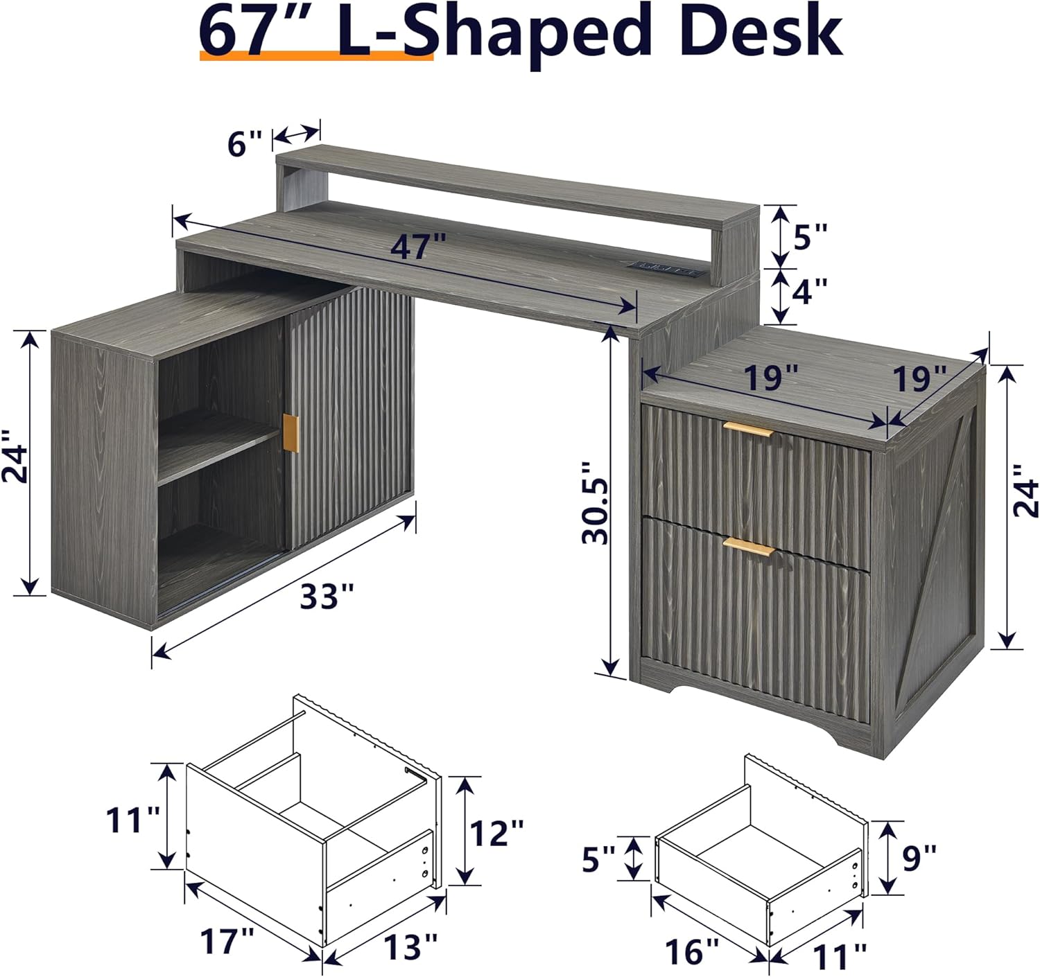 JXQTLINGMU Modern L Shaped Desk with Storage Cabinet & Drawers, Wood Home Office Desk with Power Outlets, Fluted Computer Writing Desk