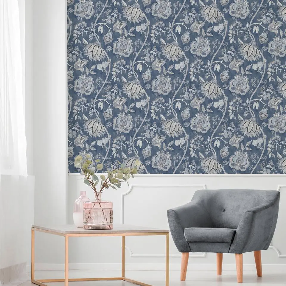 Sanders & Sanders behang bloemen donkerblauw - 53 cm x 10 m