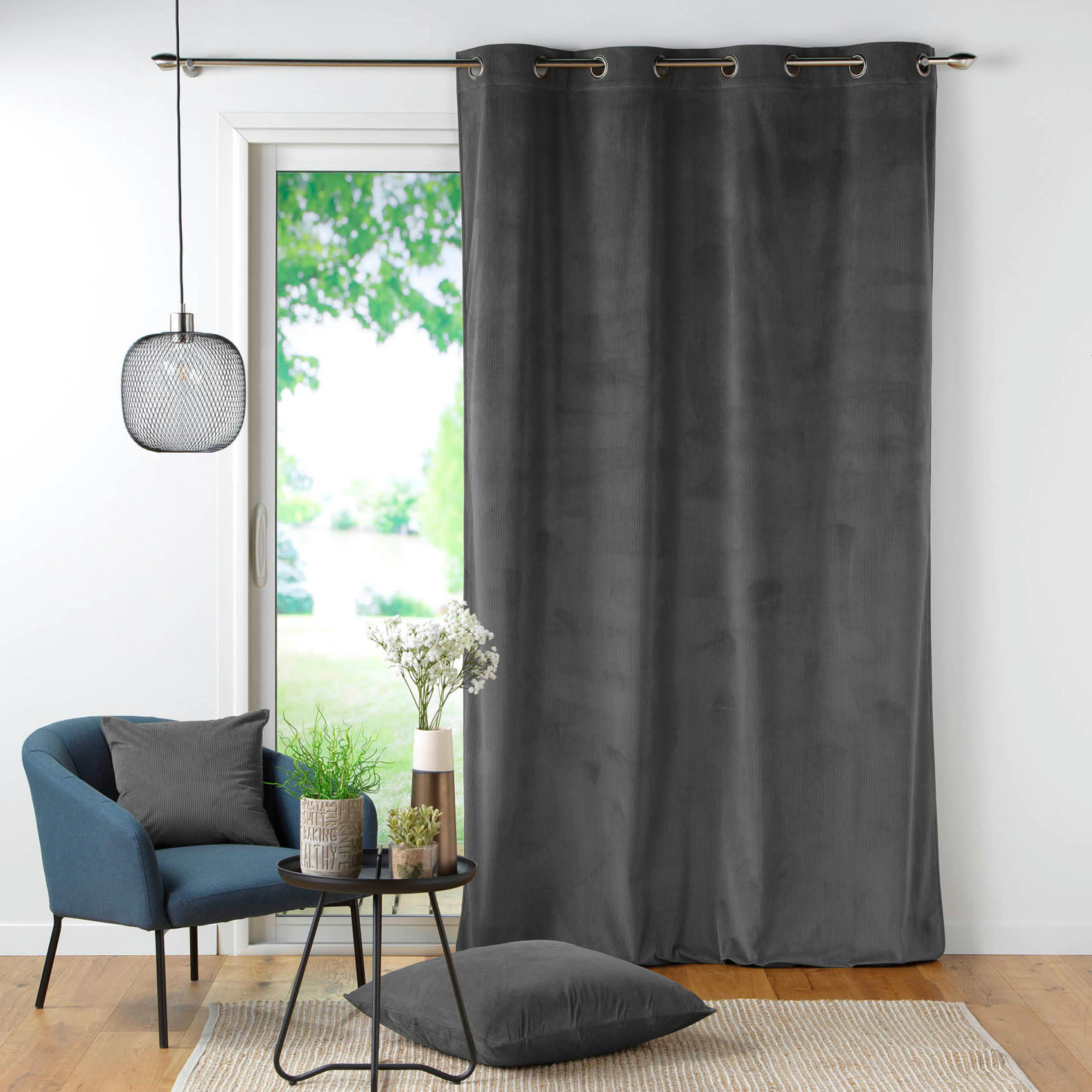 - Rideau tamisant uni en velours côtelé gris anthracite 140x260 cm