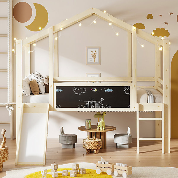Lit Mezzanine enfant 90x200 cm - avec Toboggan et échelle Sécurisés, Aire de Jeu avec Tableau À Gribouiller, Bois Massif, Naturel