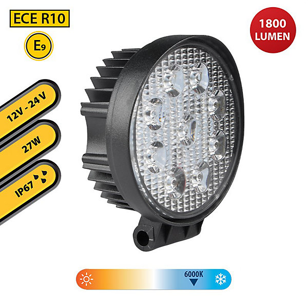 Lampe de travail ronde 12/24 V, 27 W et 1 800 lumens, IP67. Noir