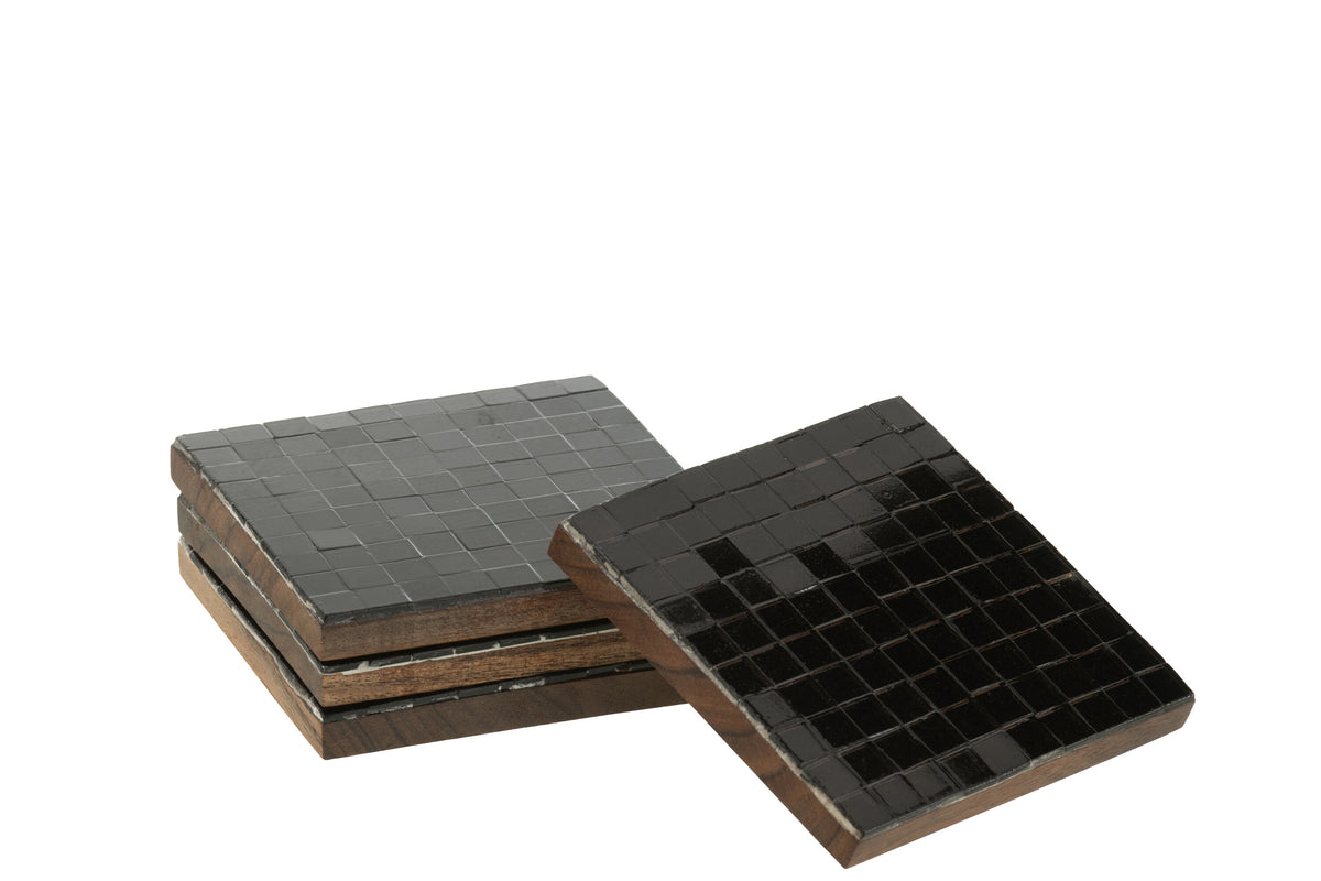 J-Line onderzetter Mozaïek - glas - zwart - doos van 4