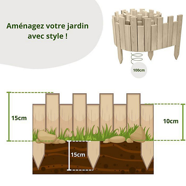 Bordure de Jardin - Non Traitée - Bois de Pin - 100 cm x 15 cm - Design élégant - Installation Facile
