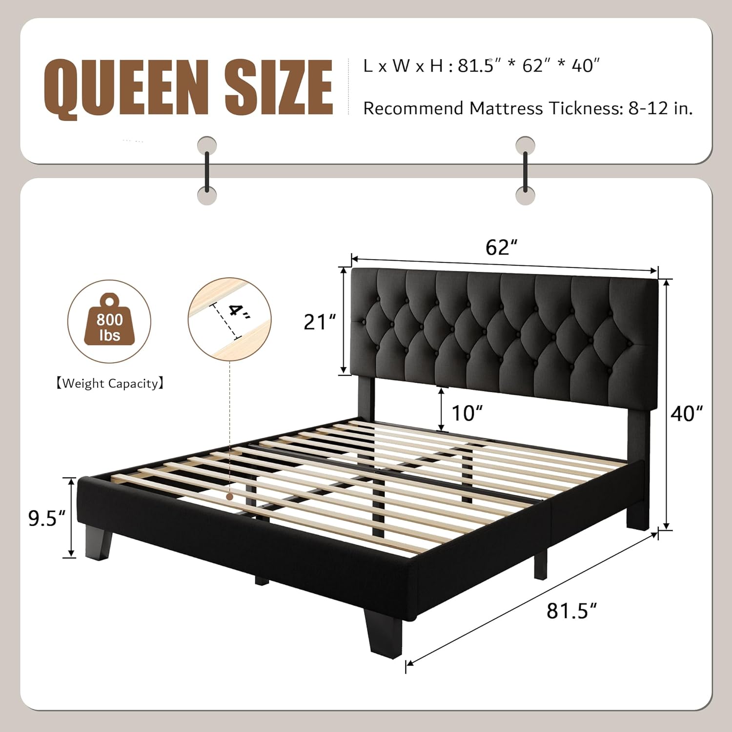 iPormis Upholstered Queen Size Bed Frame with Button Tufted Headboard, Linen Platform Bed with Thickened Support Legs, No Box Spring Needed/Noise-Free/Easy Assembly, Black