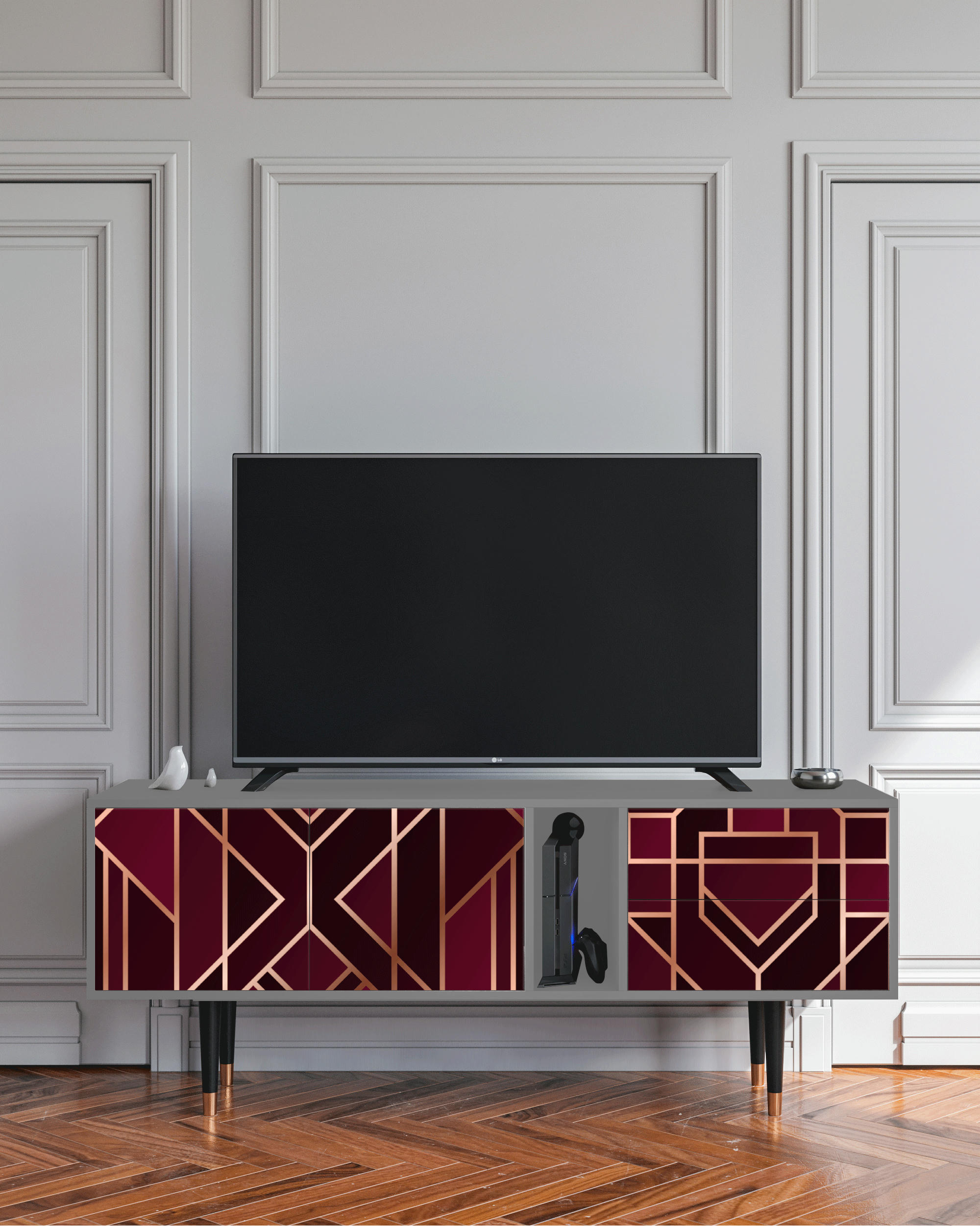 BURGUNDY JEWELERY - Meuble TV  bordeaux 2 tiroirs et 2 portes L 170 cm