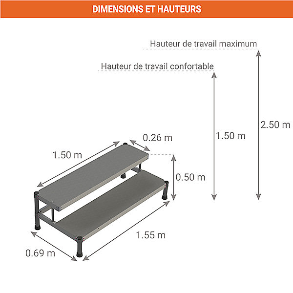 Marchepied aluminium 2 marches - Largeur 1.50m - MP2-150