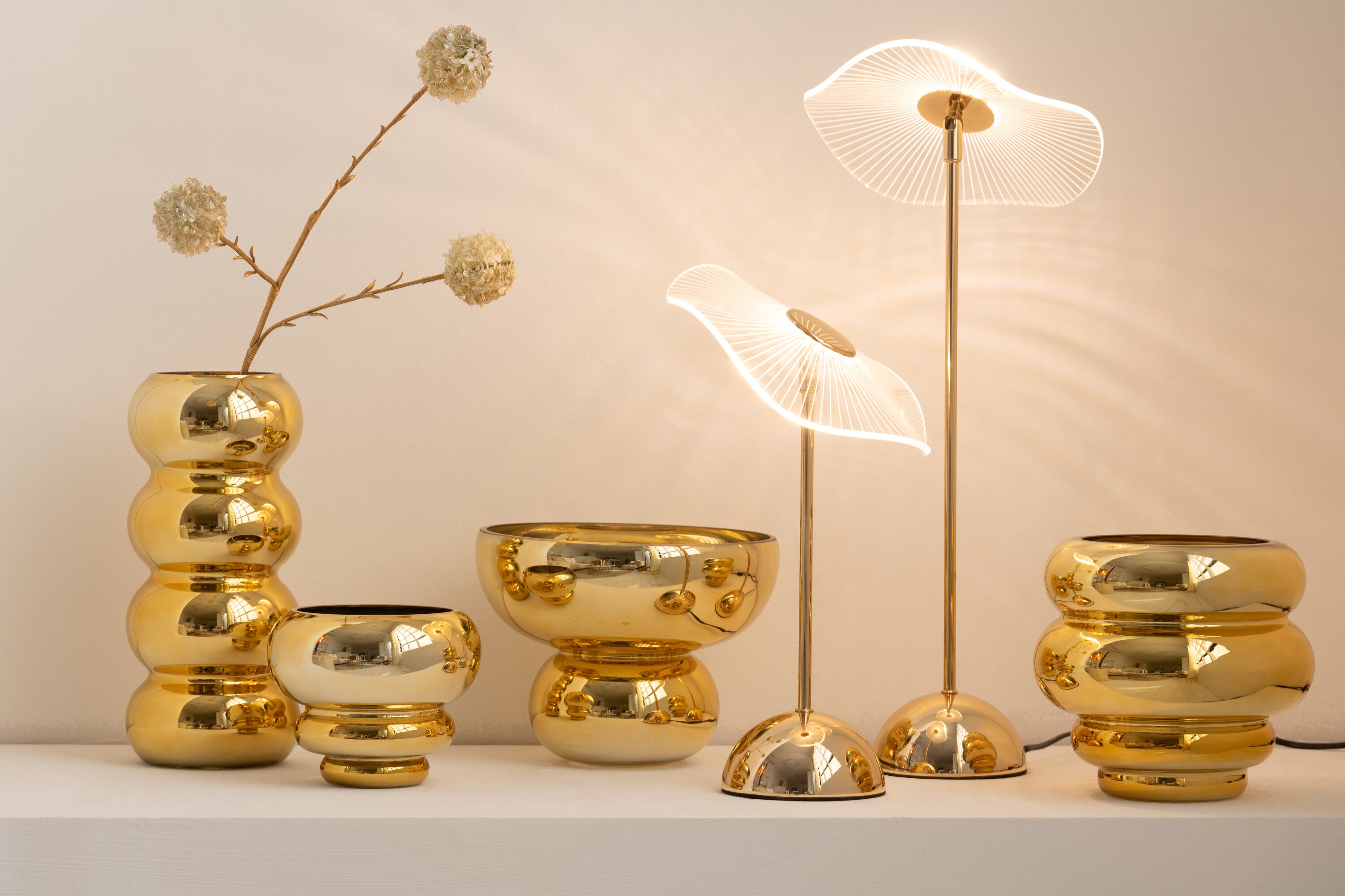 J-Line theelichthouder vaas Cléa - glas - goud - Ø 20 cm