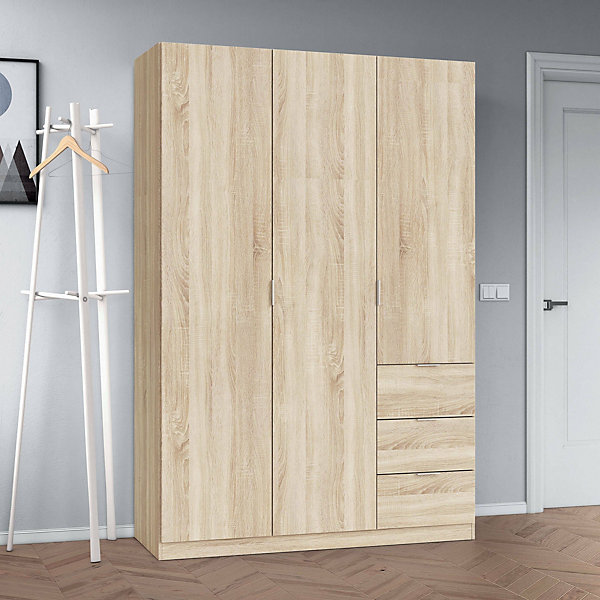 Garde-robe 3 portes Ade, armoire de chambre 3 tiroirs, Armoire avec 3 étagères et tringle à vêtements, 135x52h200 cm, Chêne