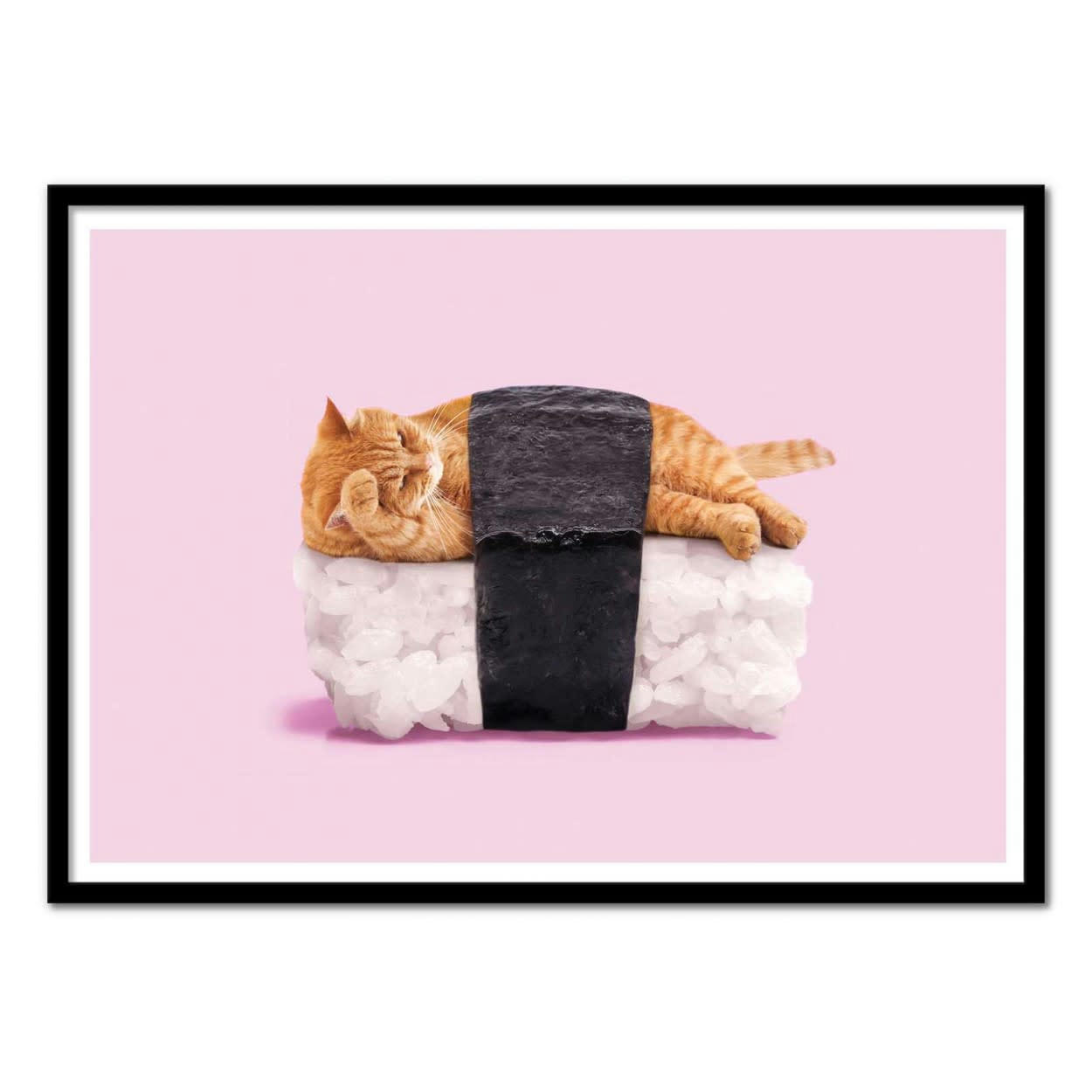 PAUL FUENTES - SUSHI CAT - Affiche d'art avec Cadre bois noir - 50 x 70 cm