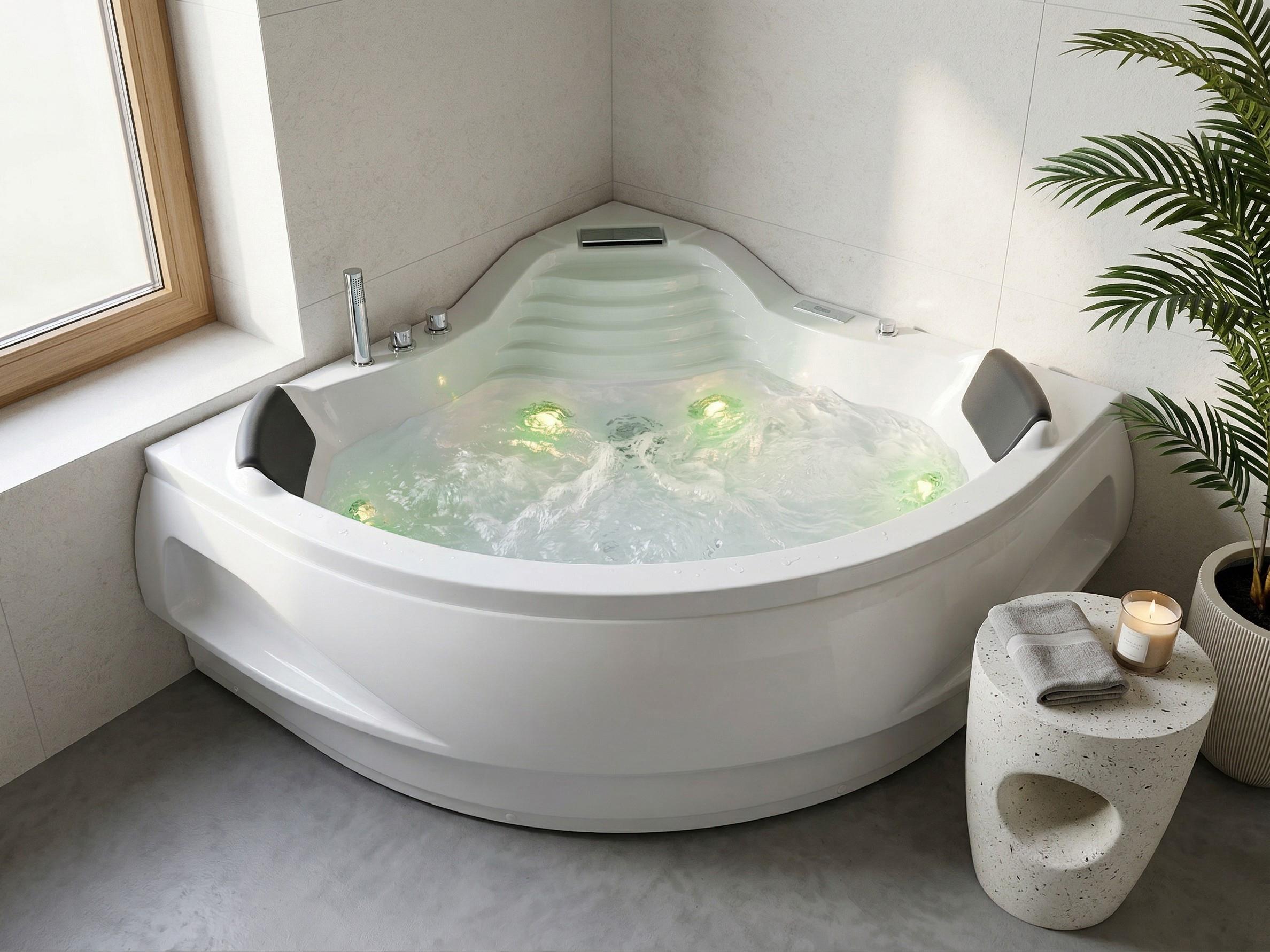 Corner Hot Tub with LED MONACO with Built-In Bluetooth Speaker 2100 x 1450 mm White
