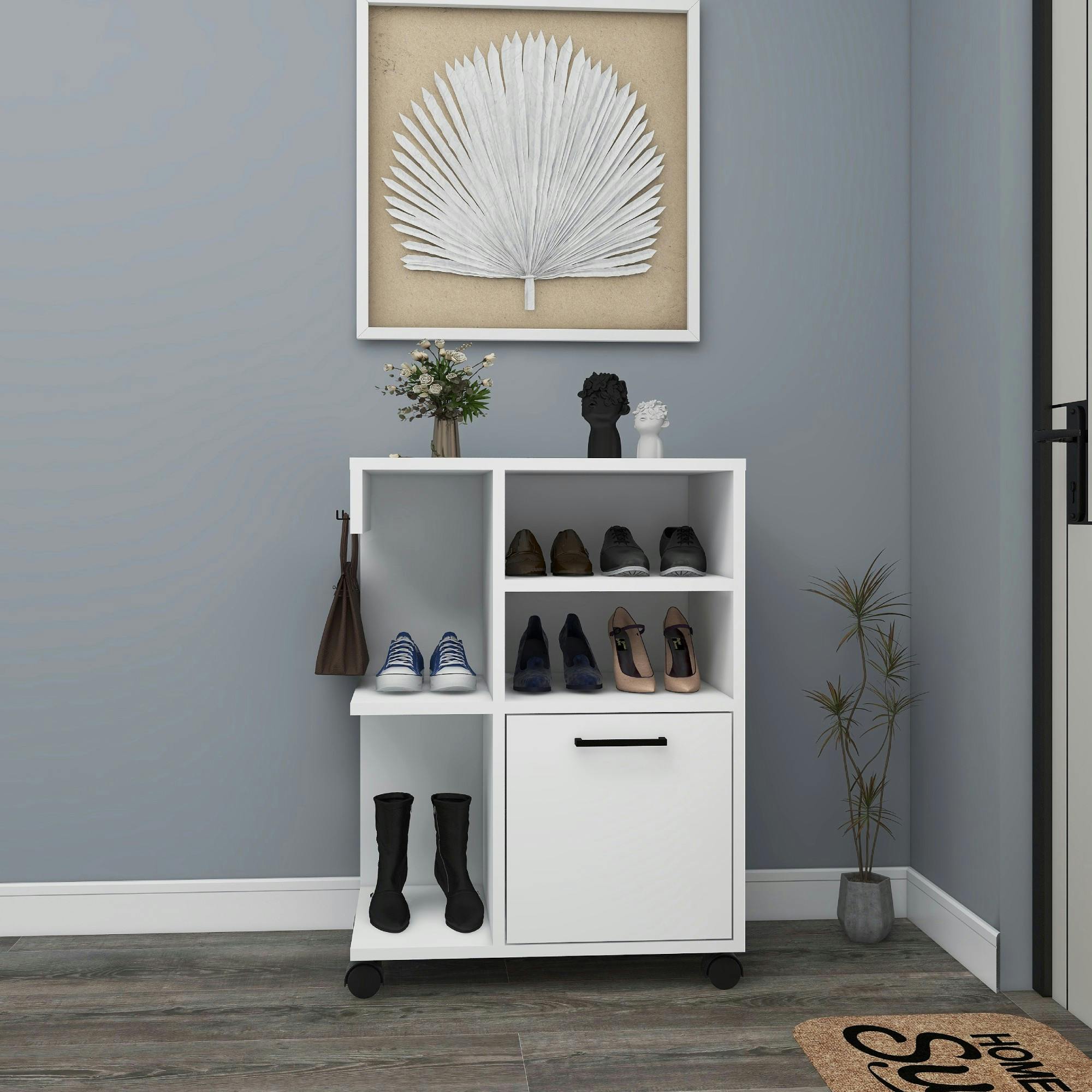 Meuble de rangement blanc sur roulettes, 2 patères MARFA