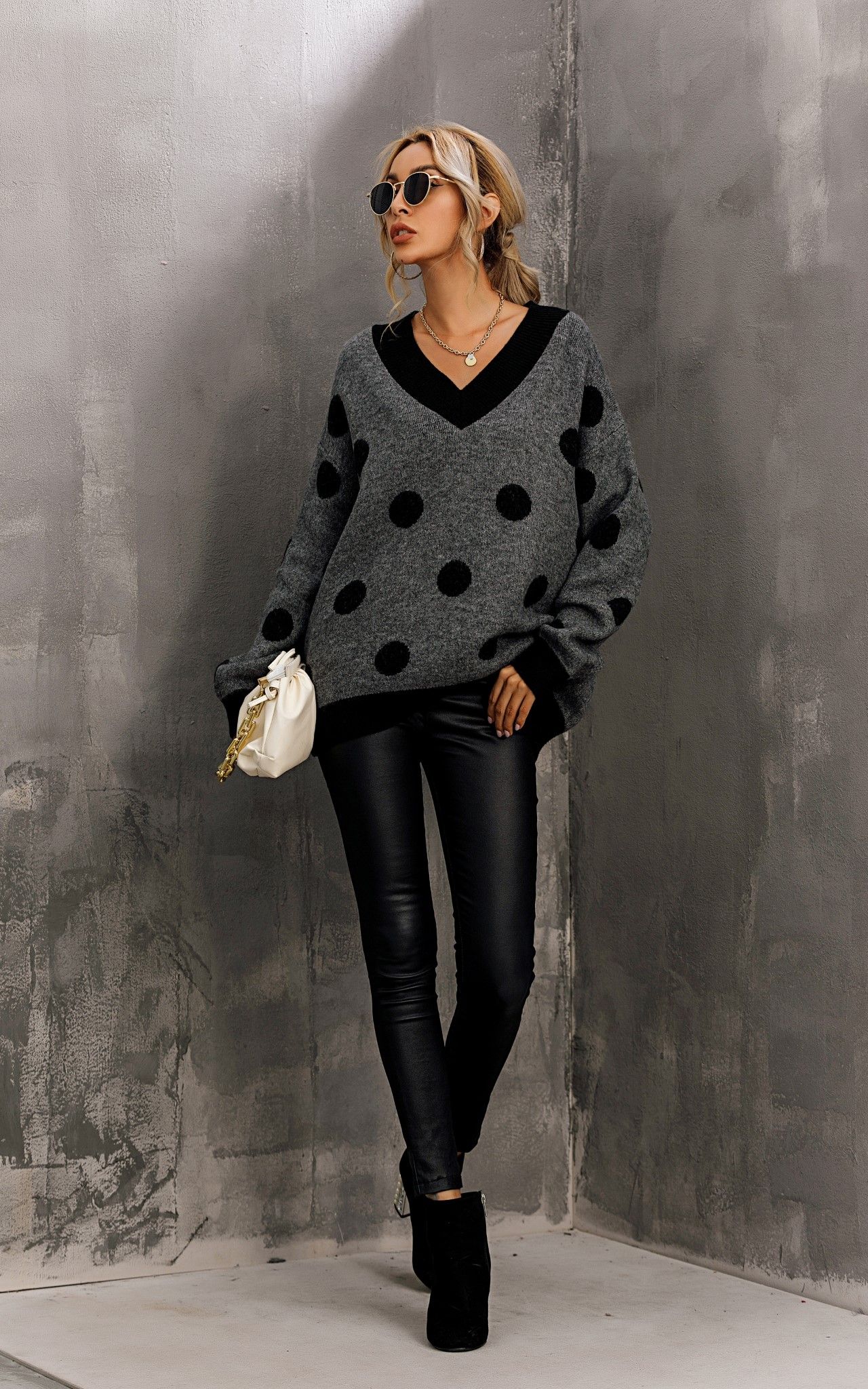 FS Collection V Neck Jumper In Charcoal Grey & Black Polka Dot Print