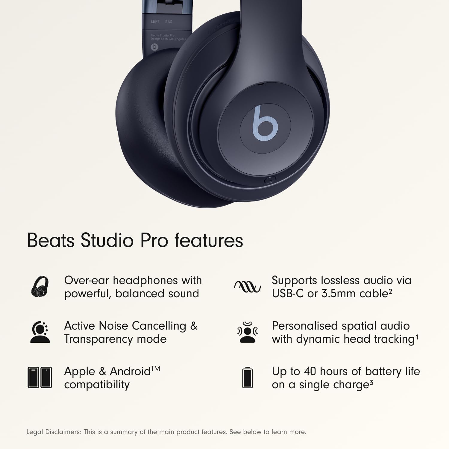 Beats Studio Pro - Premium Wireless Over-Ear Headphones- Up to 40-Hour Battery Life, Active Noise Cancelling, USB-C Lossless Audio, Apple & Android Compatible - Navy