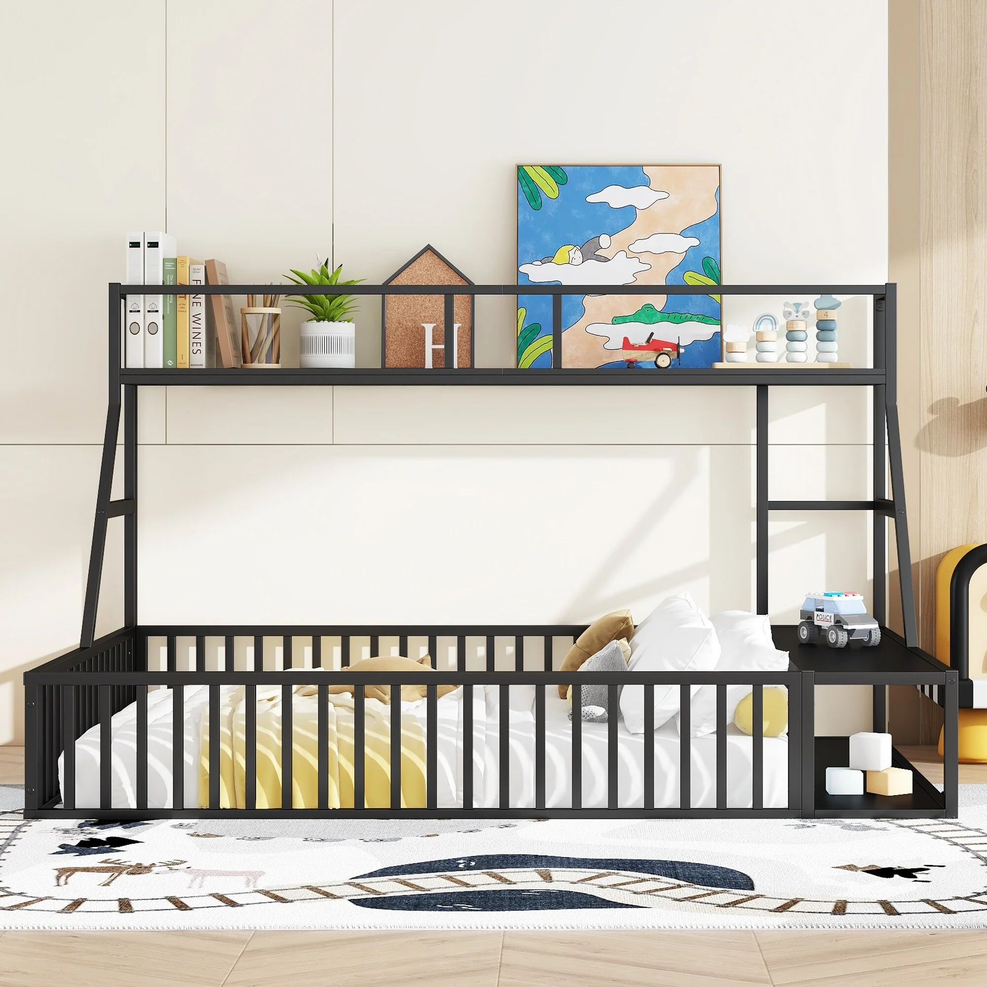 Full-Size Montessori Metal Floor Bed with Safety Rail, Integrated Desk & Storage Shelves