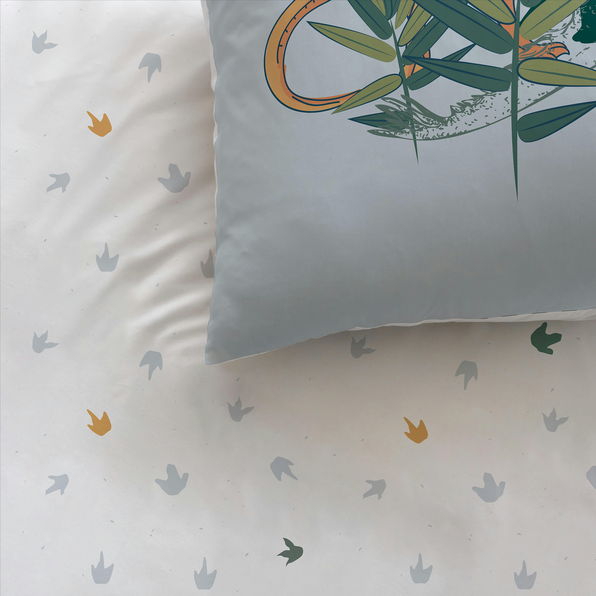 DINO JUNGLE - Parure de lit imprimée en coton Gris 140x200+63x63cm