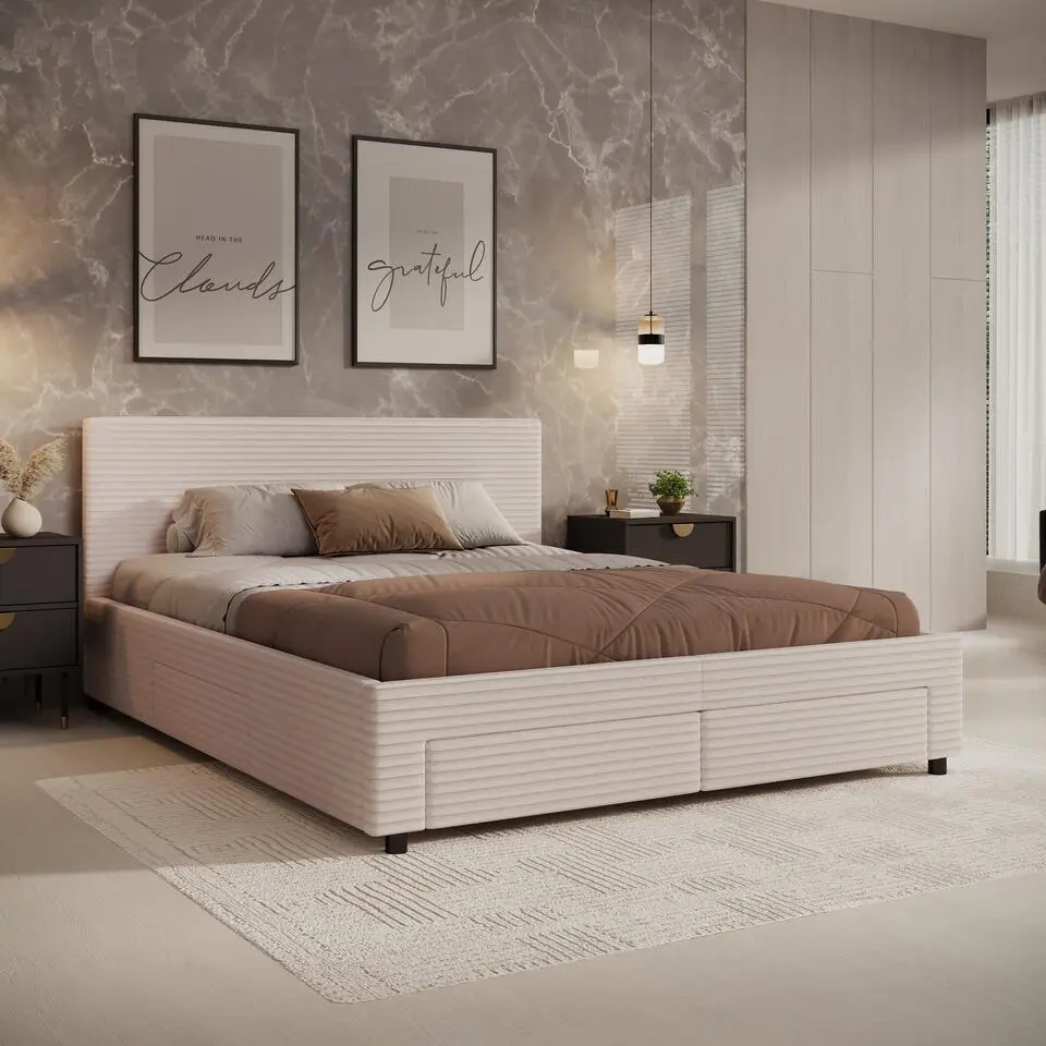 Meubella - Tweepersoonsbed Suente - Beige ribstof - 160x200 cm