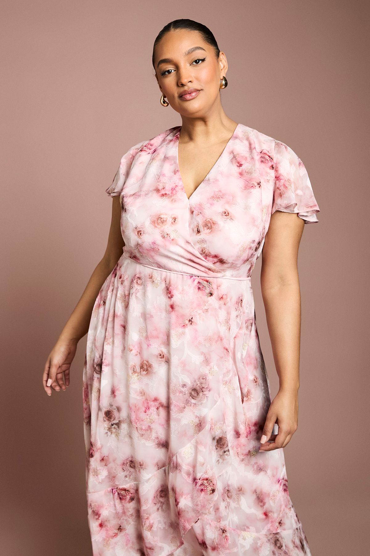 Coast Plus Printed Satin Jacquard Twist Front Midi Dress
